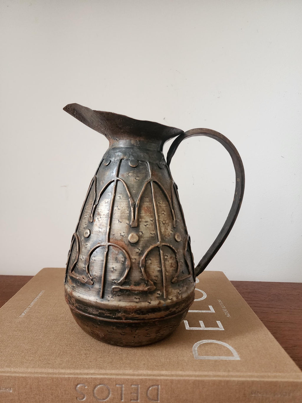 Vintage Hammered Metal Jug, Rustic Embossed Pitcher, Arts and Crafts Style Vase, Primitive Metal Decor