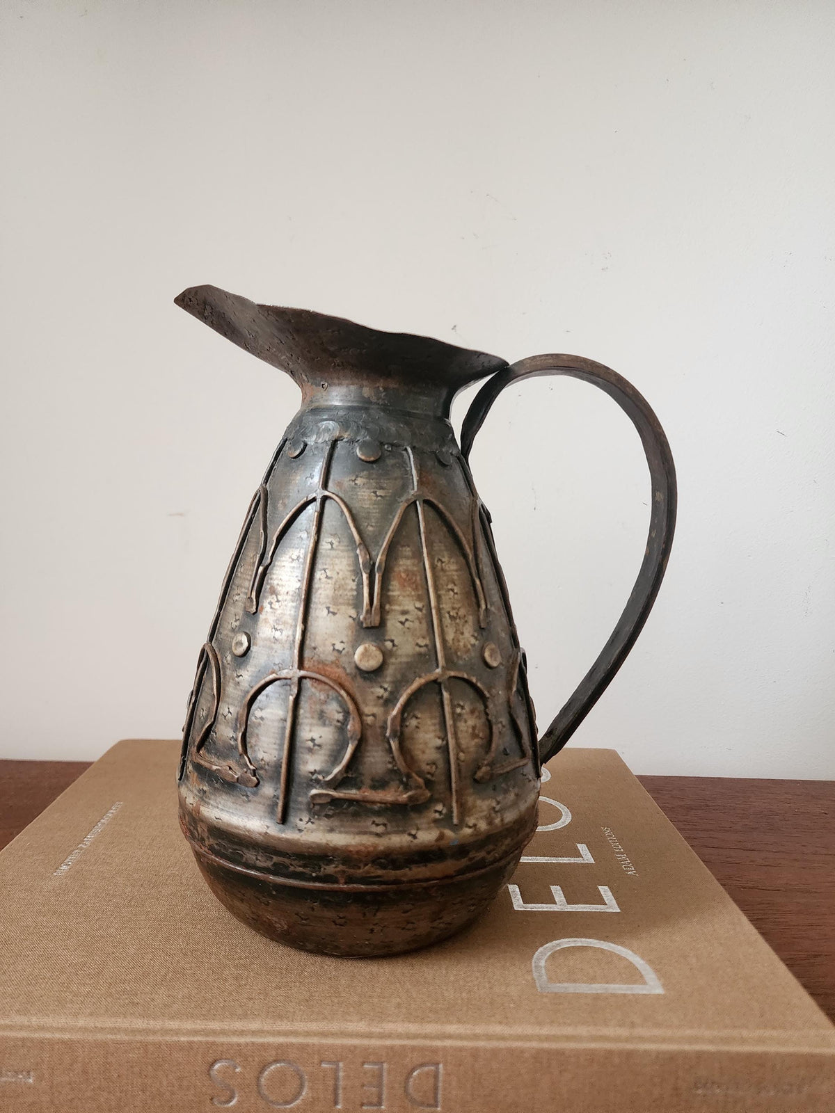 Vintage Hammered Metal Jug, Rustic Embossed Pitcher, Arts and Crafts Style Vase, Primitive Metal Decor