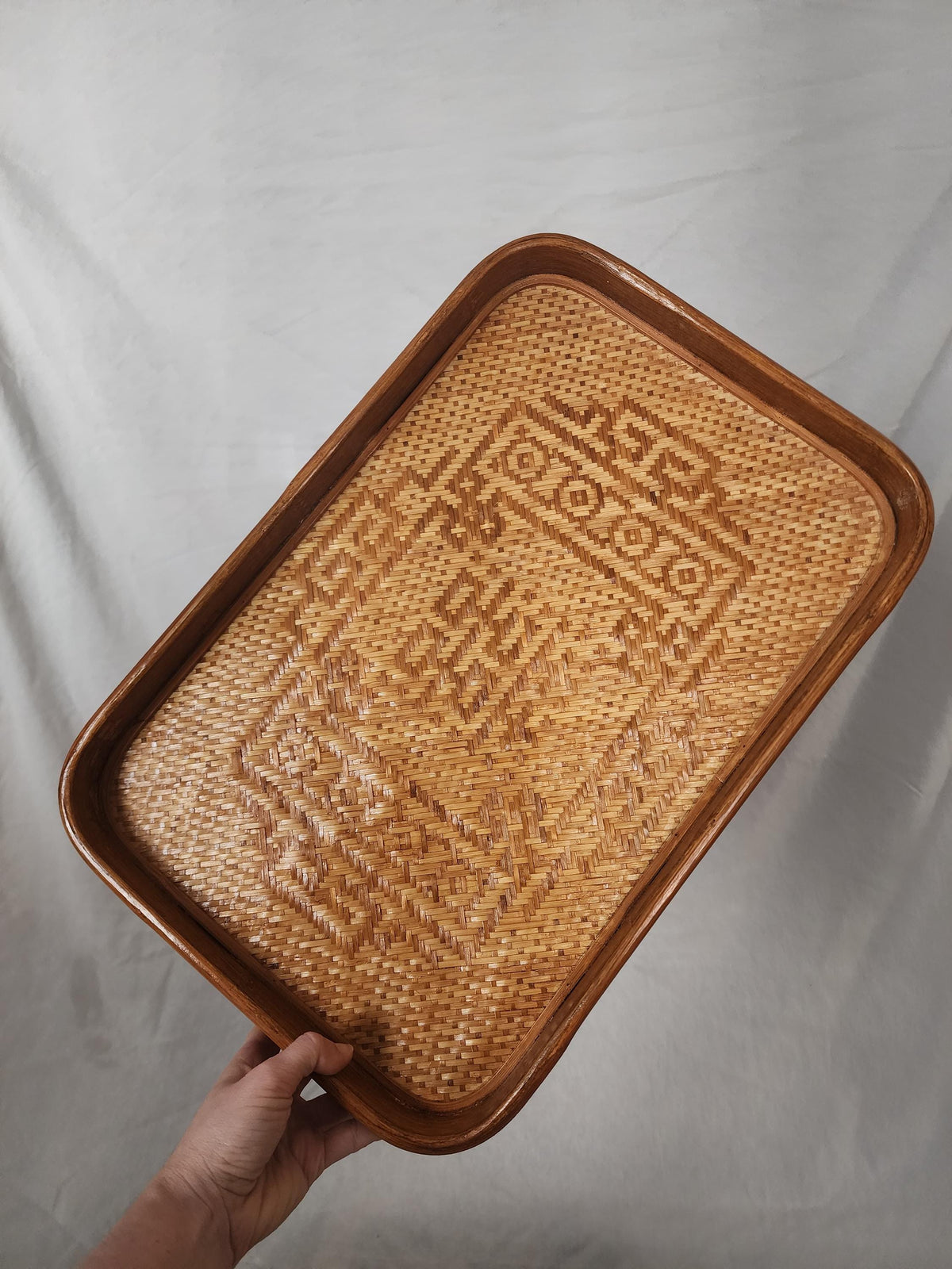 Vintage Bamboo Serving Tray Set of 2, Woven Rattan Rectangular Trays, Boho Entertaining Decor