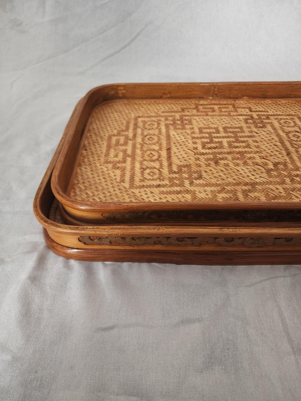 Vintage Bamboo Serving Tray Set of 2, Woven Rattan Rectangular Trays, Boho Entertaining Decor