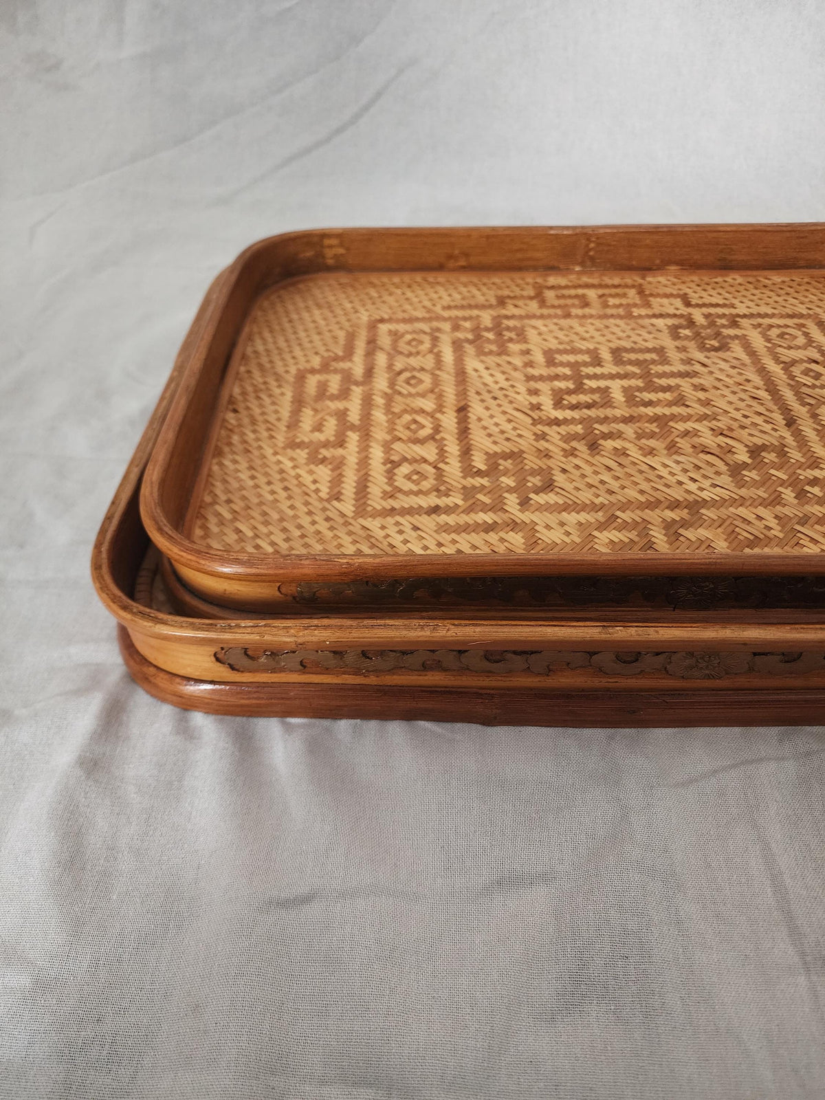 Vintage Bamboo Serving Tray Set of 2, Woven Rattan Rectangular Trays, Boho Entertaining Decor