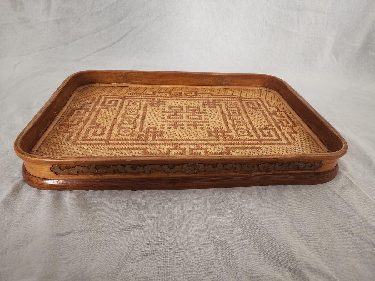 Vintage Bamboo Serving Tray Set of 2, Woven Rattan Rectangular Trays, Boho Entertaining Decor