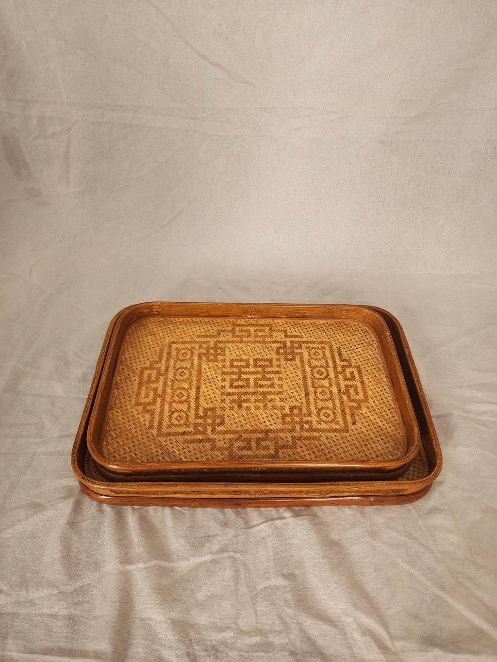 Vintage Bamboo Serving Tray Set of 2, Woven Rattan Rectangular Trays, Boho Entertaining Decor