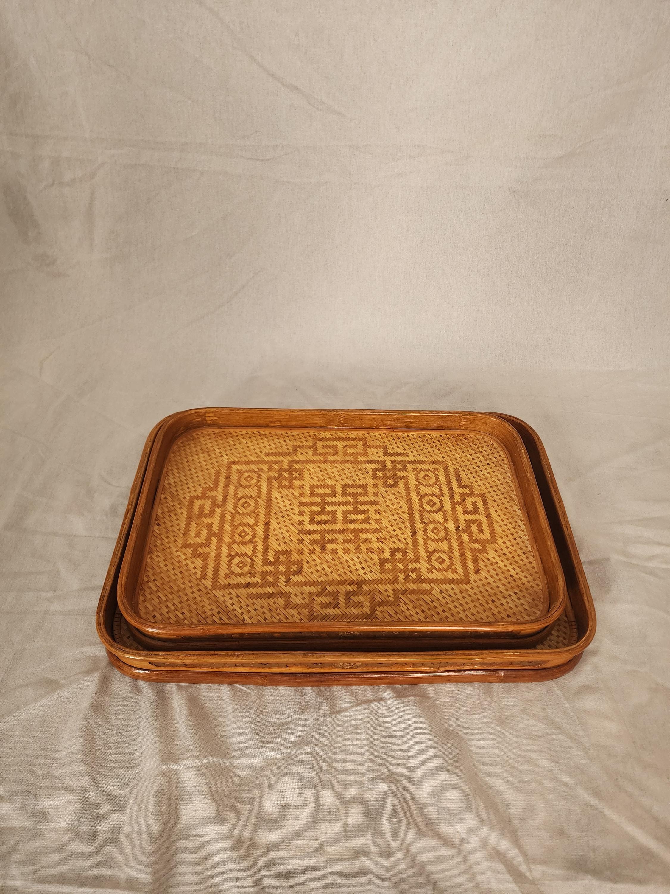 Vintage Bamboo Serving Tray Set of 2, Woven Rattan Rectangular Trays, Boho Entertaining Decor