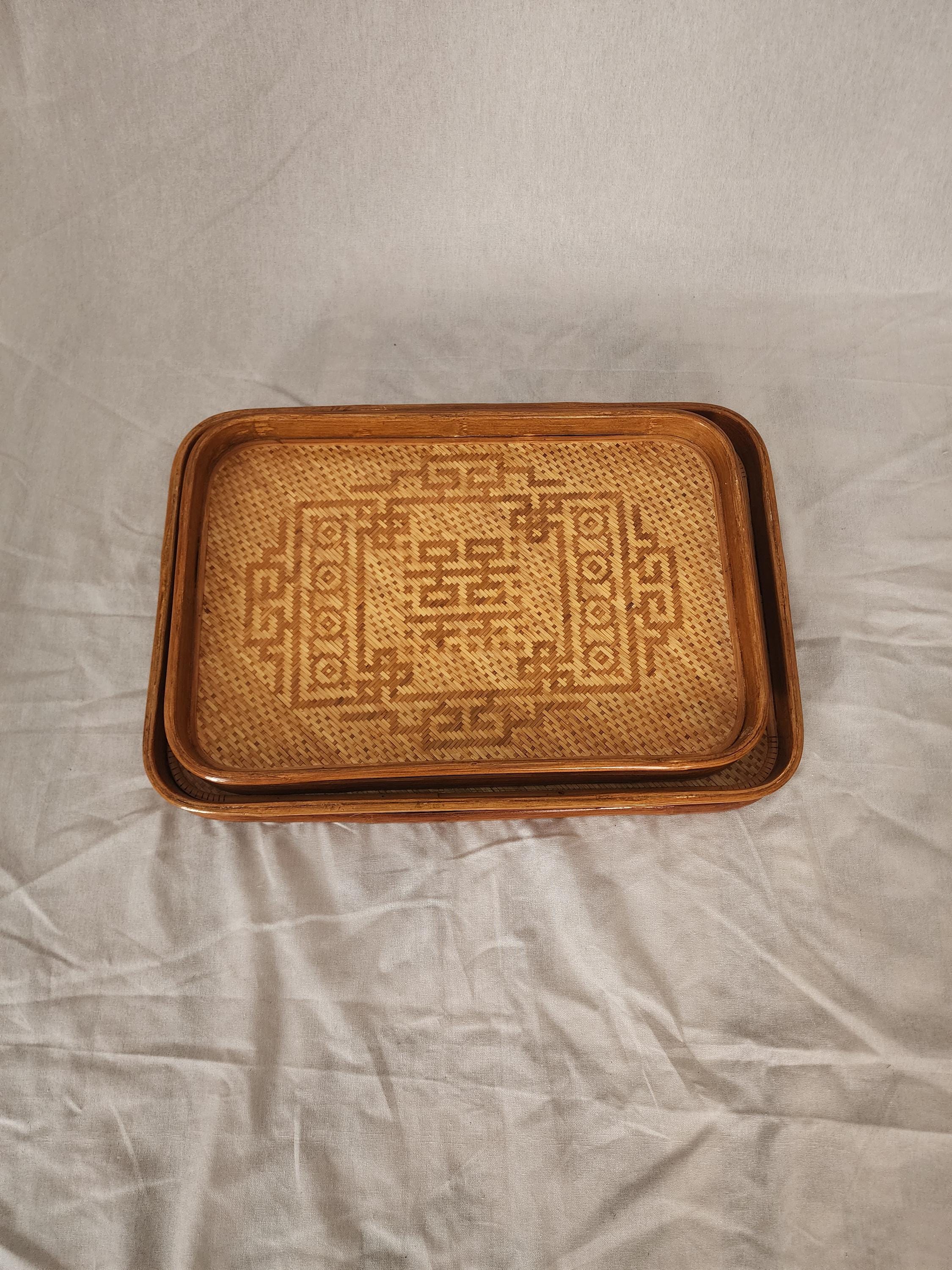 Vintage Bamboo Serving Tray Set of 2, Woven Rattan Rectangular Trays, Boho Entertaining Decor