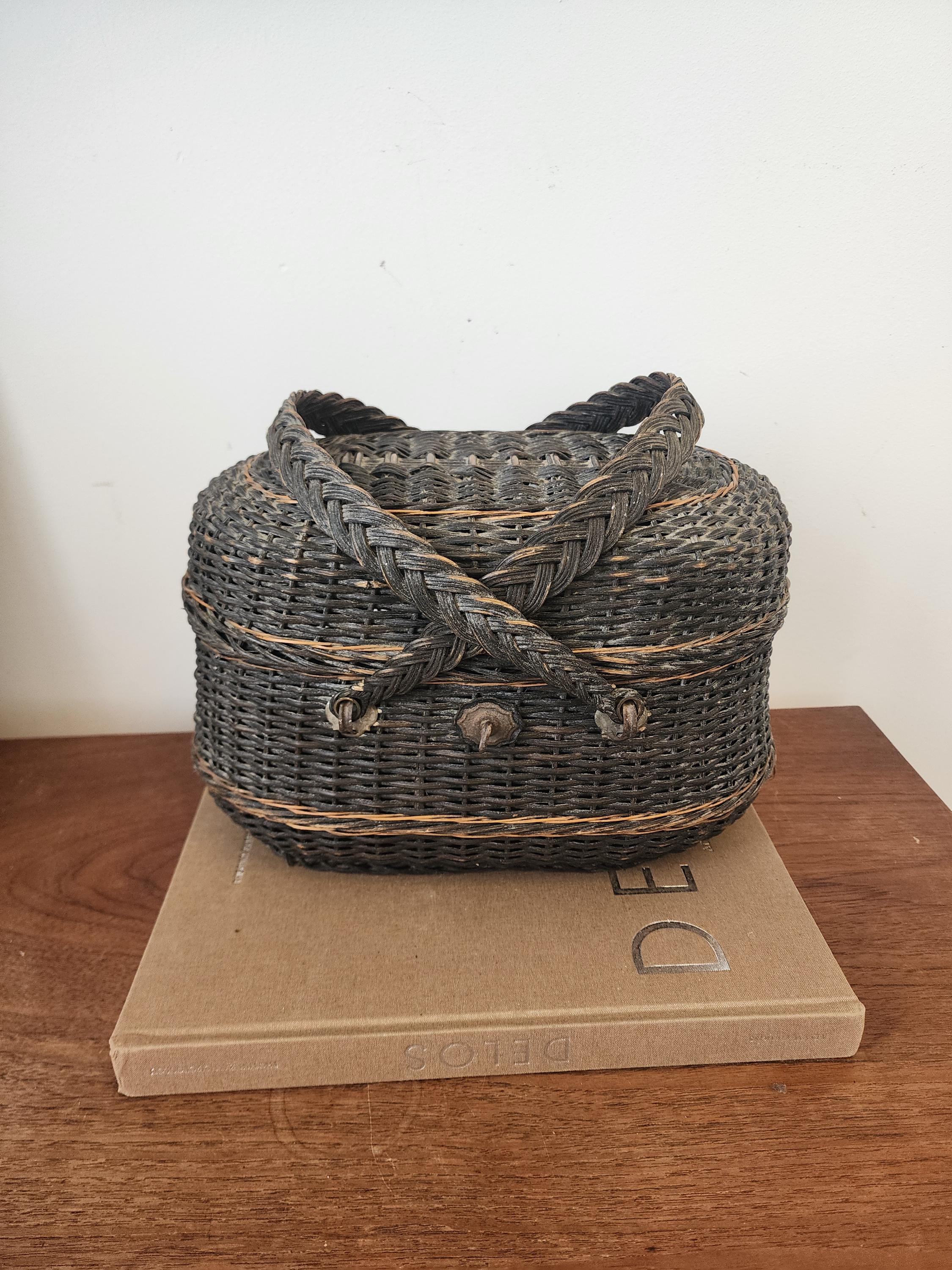 Antique French Bressan Wicker Basket, 19th Century Rustic Market Basket, Braided Handle Creel