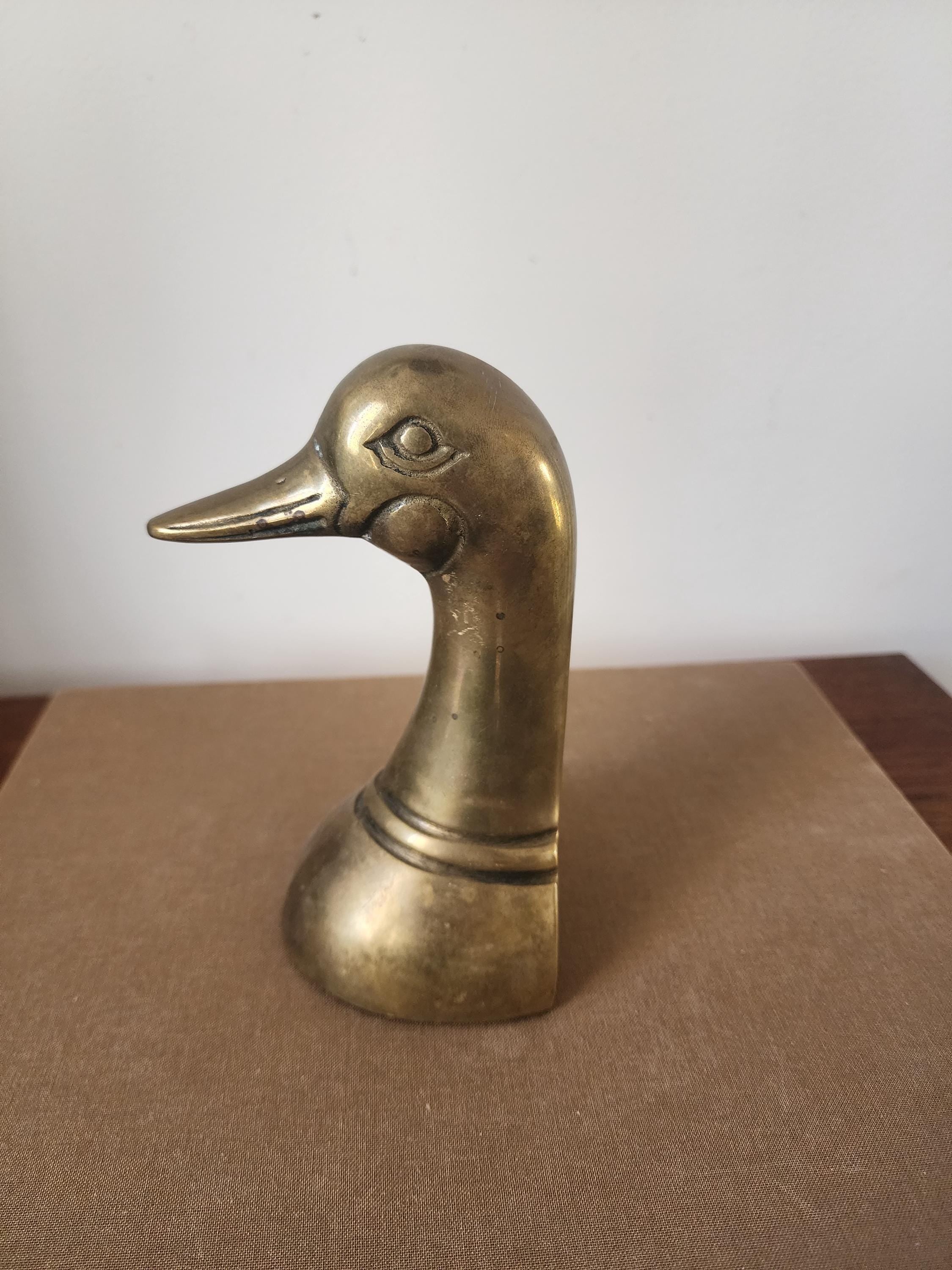 Vintage Solid Brass Duck Head Bookend Mid Century Modern Goose Sculpture Hollywood Regency Decor