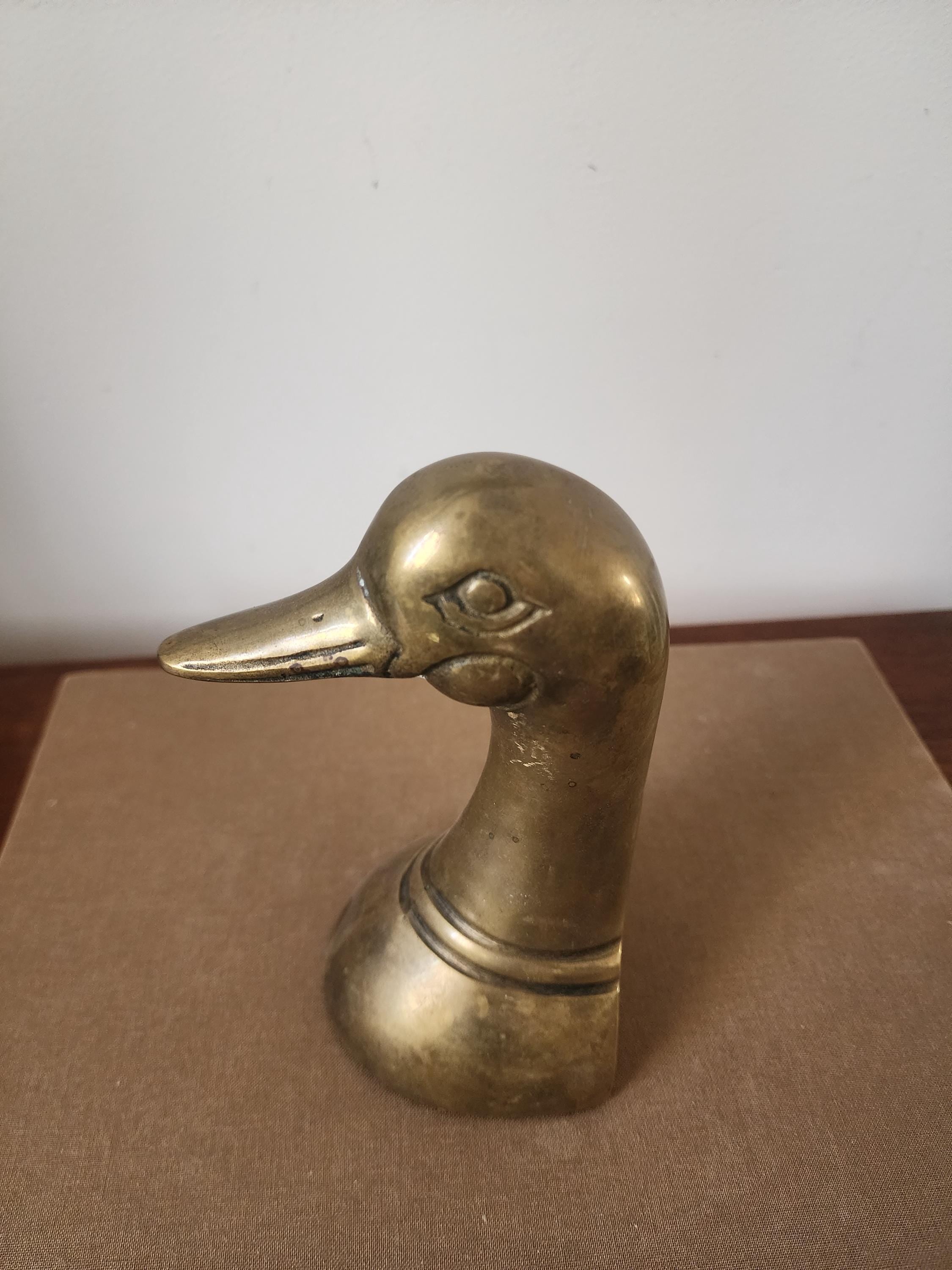 Vintage Solid Brass Duck Head Bookend Mid Century Modern Goose Sculpture Hollywood Regency Decor