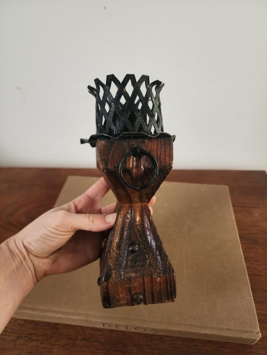 Vintage Rustic Wood and Wrought Iron Candle Holder Gothic Medieval Style Blacksmith Decor Primitive Farmhouse Taper Sconce