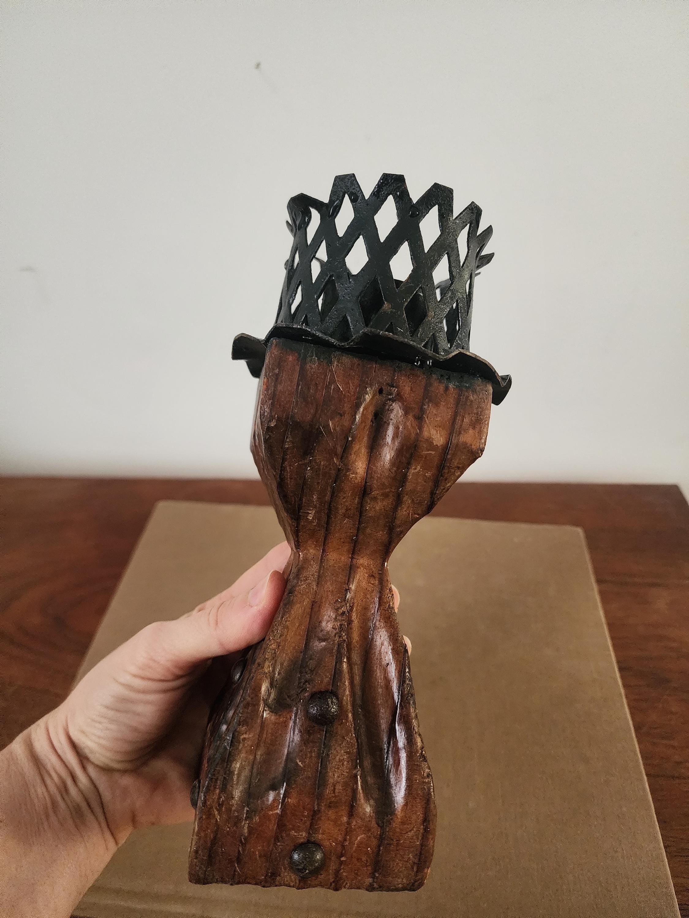 Vintage Rustic Wood and Wrought Iron Candle Holder Gothic Medieval Style Blacksmith Decor Primitive Farmhouse Taper Sconce
