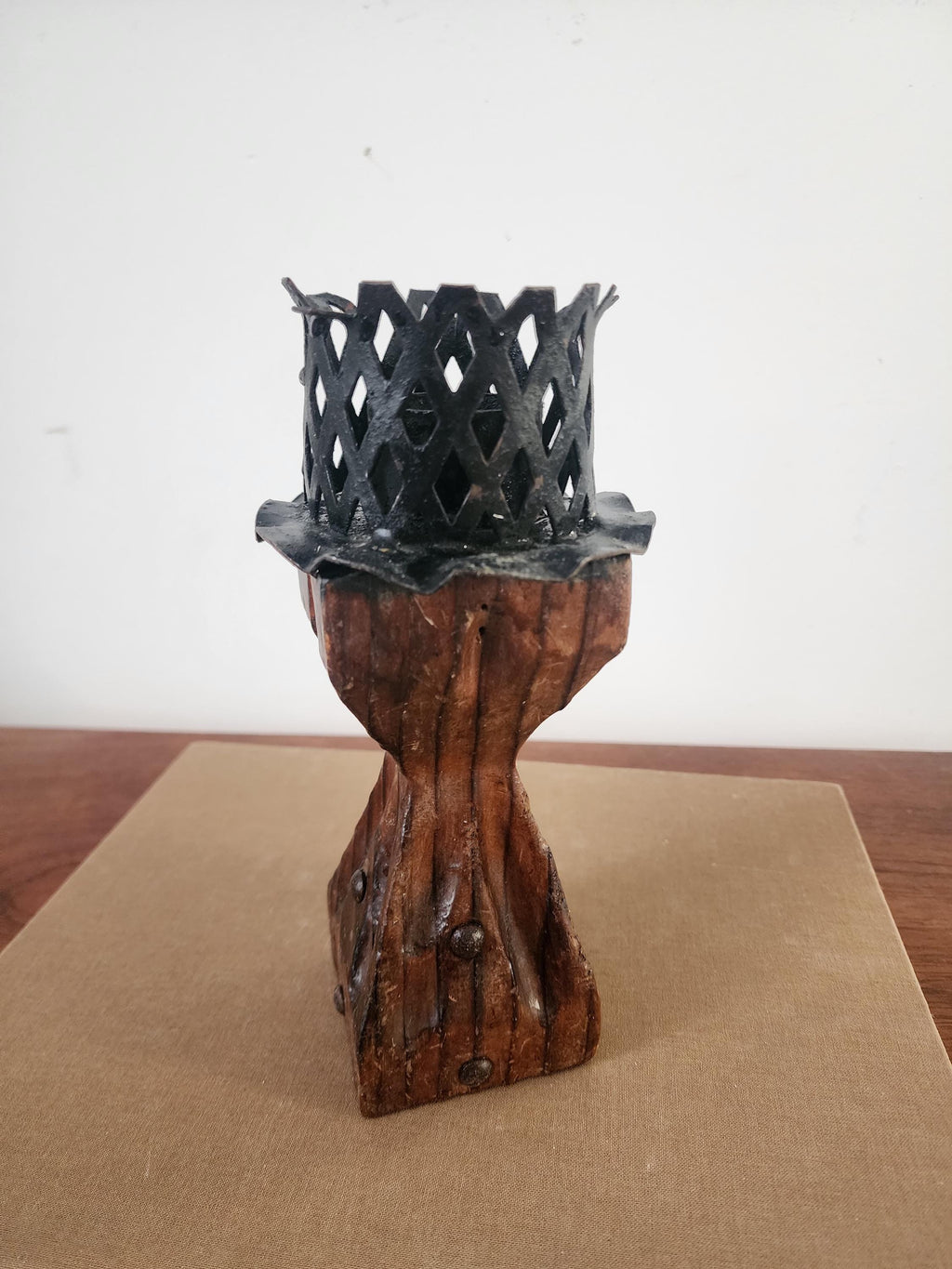 Vintage Rustic Wood and Wrought Iron Candle Holder Gothic Medieval Style Blacksmith Decor Primitive Farmhouse Taper Sconce