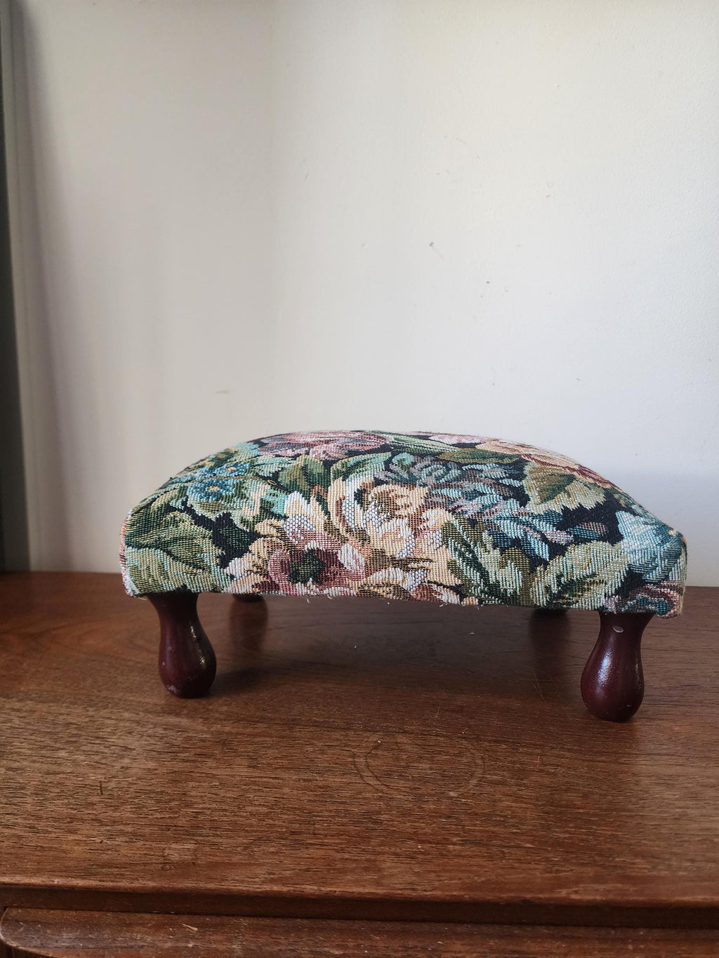 Vintage Floral Tapestry Footstool, Needlepoint Upholstered Ottoman, Cottagecore Vanity Stool, Bun Feet Accent Seat