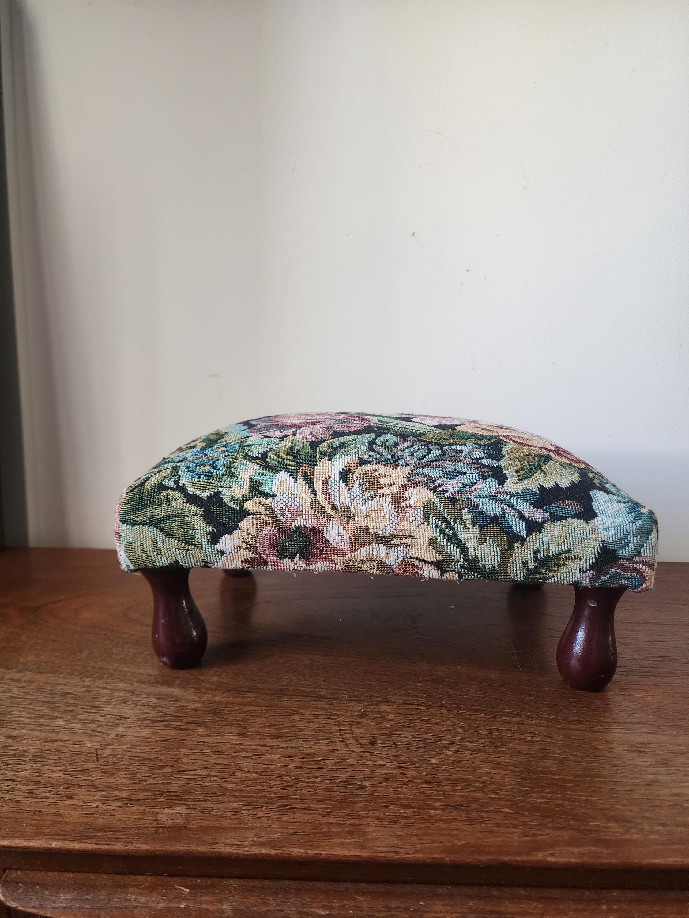 Vintage Floral Tapestry Footstool, Needlepoint Upholstered Ottoman, Cottagecore Vanity Stool, Bun Feet Accent Seat