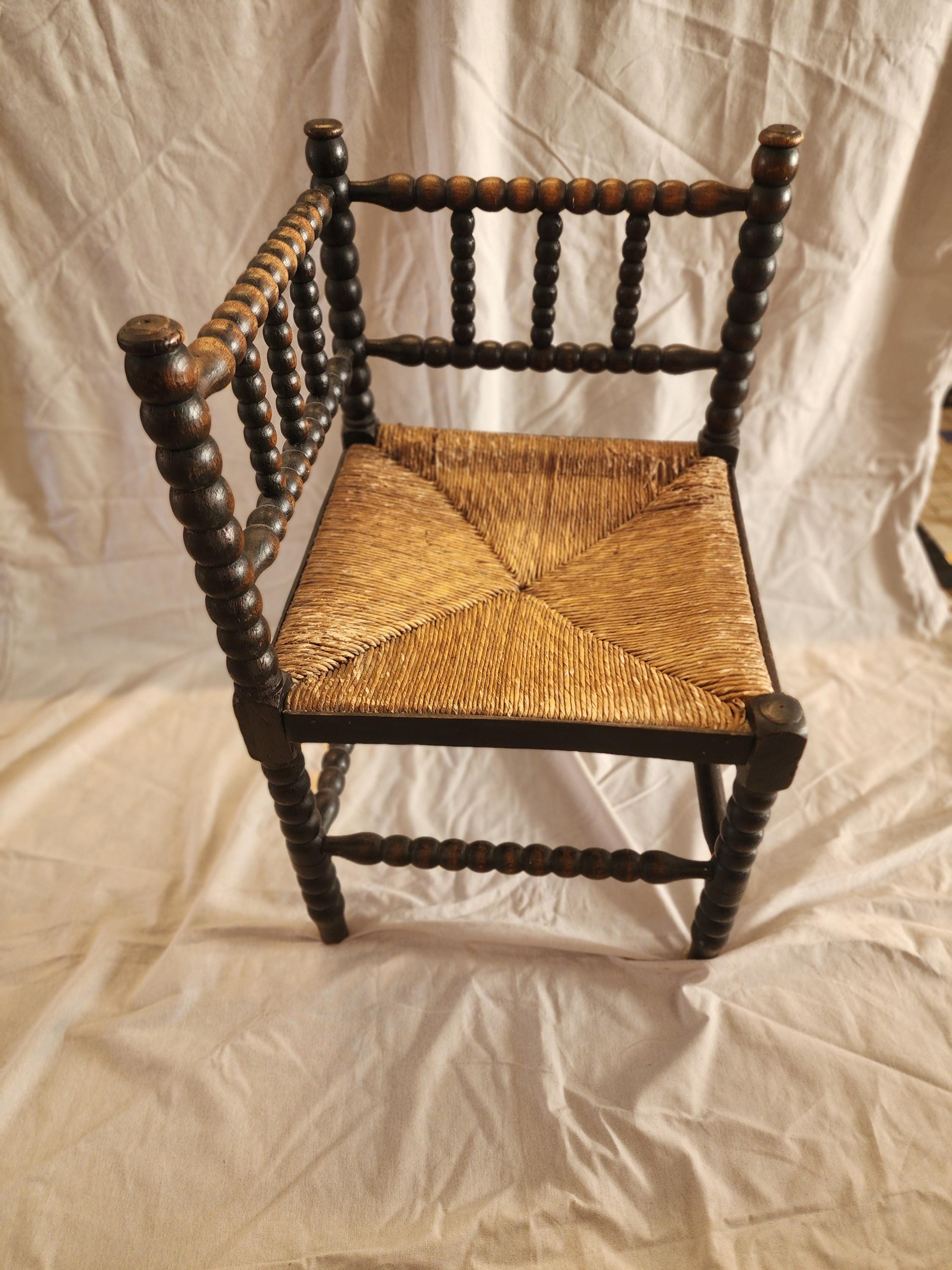 Antique Bobbin Corner Chair, Rush Seat Chair, Spanish Colonial Style, Woven Seat Armchair, Primitive Wooden Chair