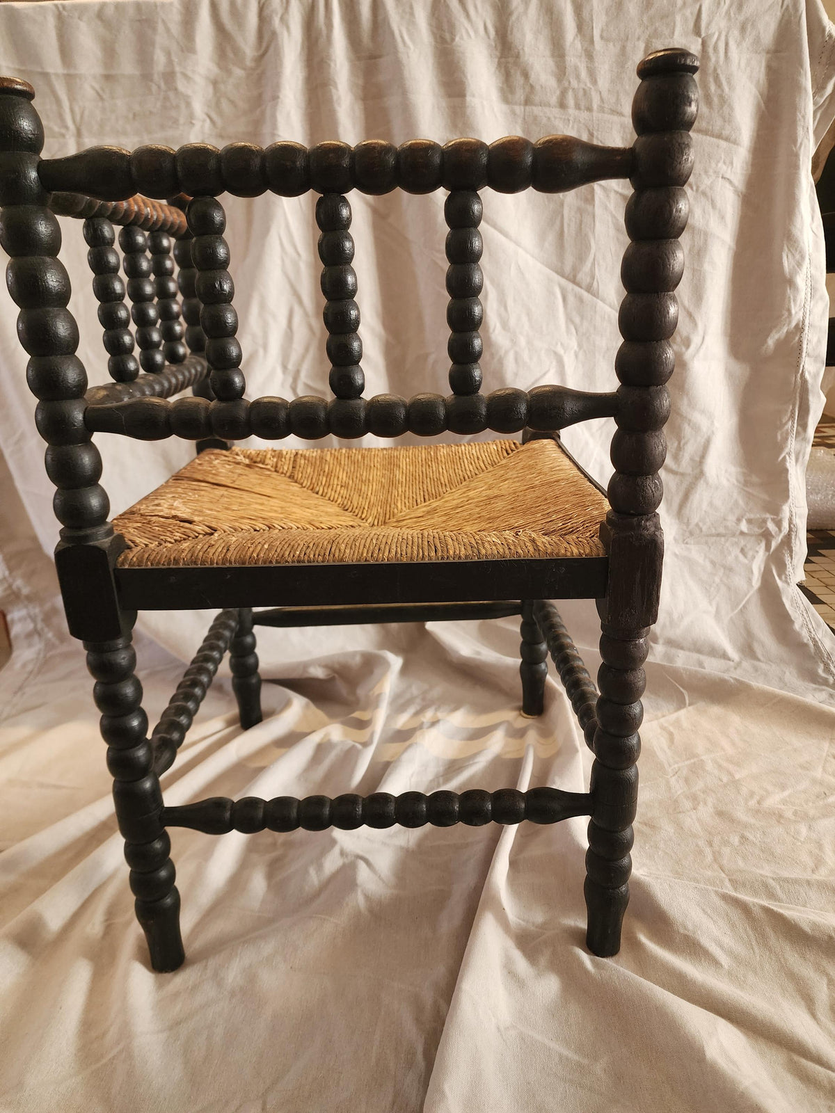Antique Bobbin Corner Chair, Rush Seat Chair, Spanish Colonial Style, Woven Seat Armchair, Primitive Wooden Chair