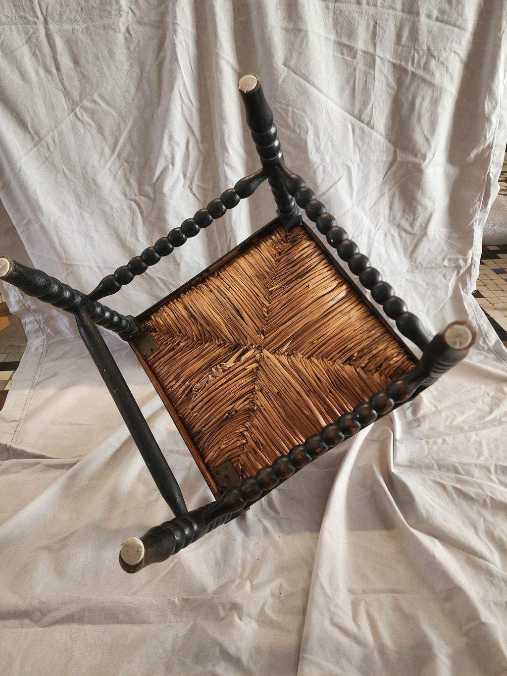 Antique Bobbin Corner Chair, Rush Seat Chair, Spanish Colonial Style, Woven Seat Armchair, Primitive Wooden Chair