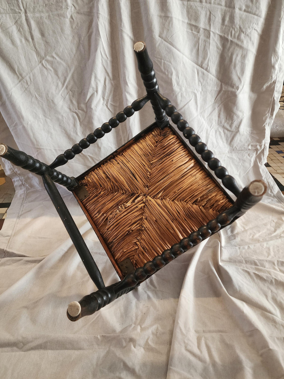 Antique Bobbin Corner Chair, Rush Seat Chair, Spanish Colonial Style, Woven Seat Armchair, Primitive Wooden Chair
