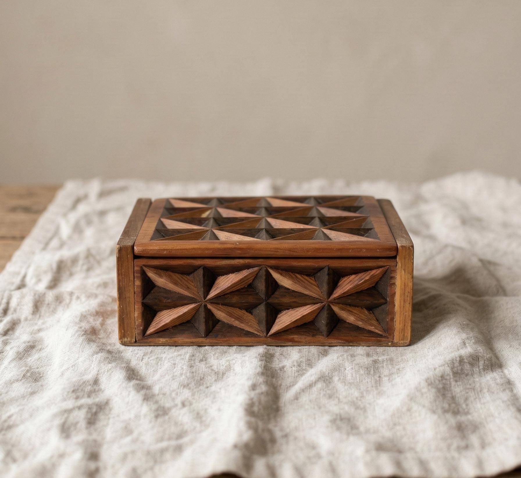 Vintage Hand Carved Geometric Wood Box