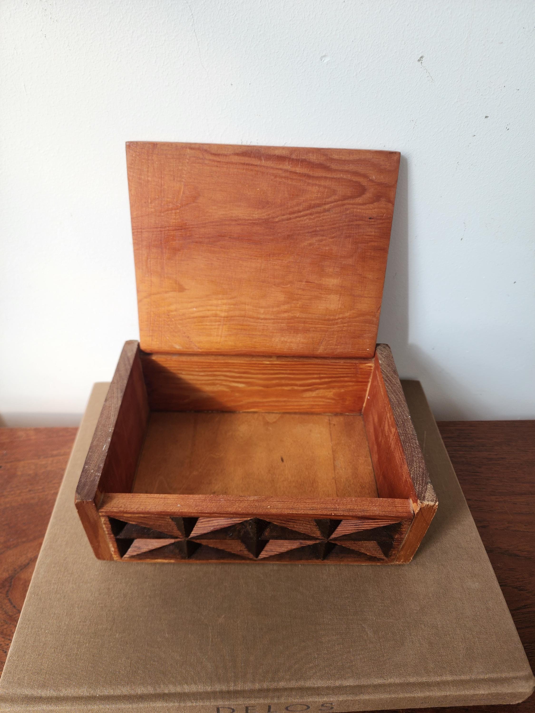 Vintage Hand Carved Geometric Wood Box, Mid Century Wooden Trinket Box, Folk Art Jewelry Box, Carved Wood Keepsake Box, Decorative Desk Box