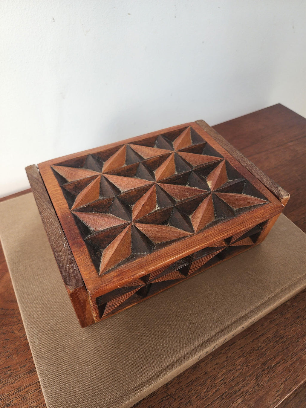 Vintage Hand Carved Geometric Wood Box, Mid Century Wooden Trinket Box, Folk Art Jewelry Box, Carved Wood Keepsake Box, Decorative Desk Box