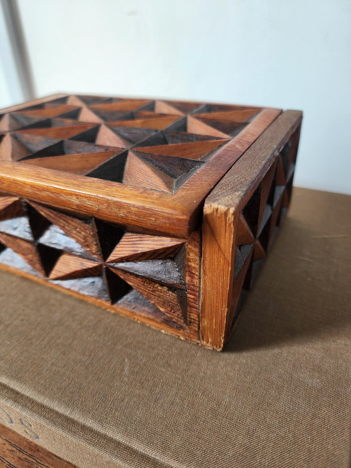 Vintage Hand Carved Geometric Wood Box, Mid Century Wooden Trinket Box, Folk Art Jewelry Box, Carved Wood Keepsake Box, Decorative Desk Box
