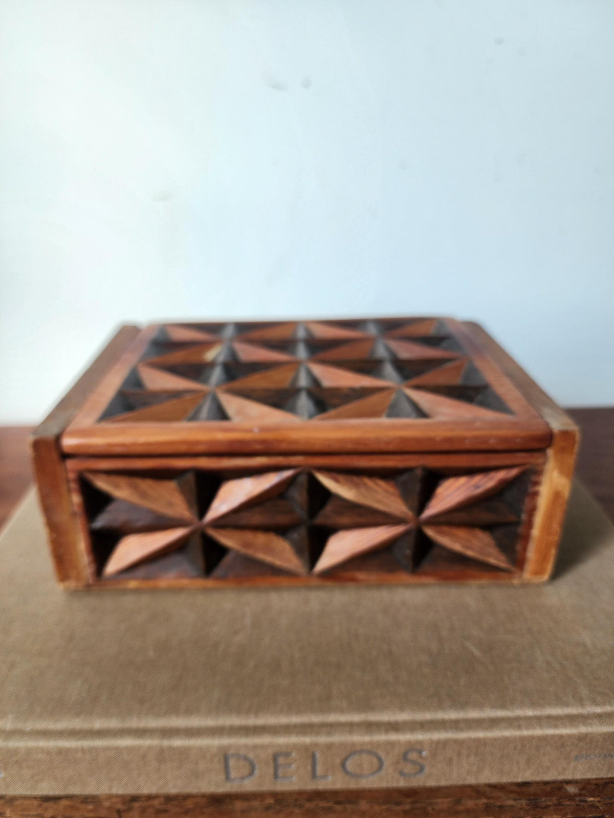 Vintage Hand Carved Geometric Wood Box, Mid Century Wooden Trinket Box, Folk Art Jewelry Box, Carved Wood Keepsake Box, Decorative Desk Box