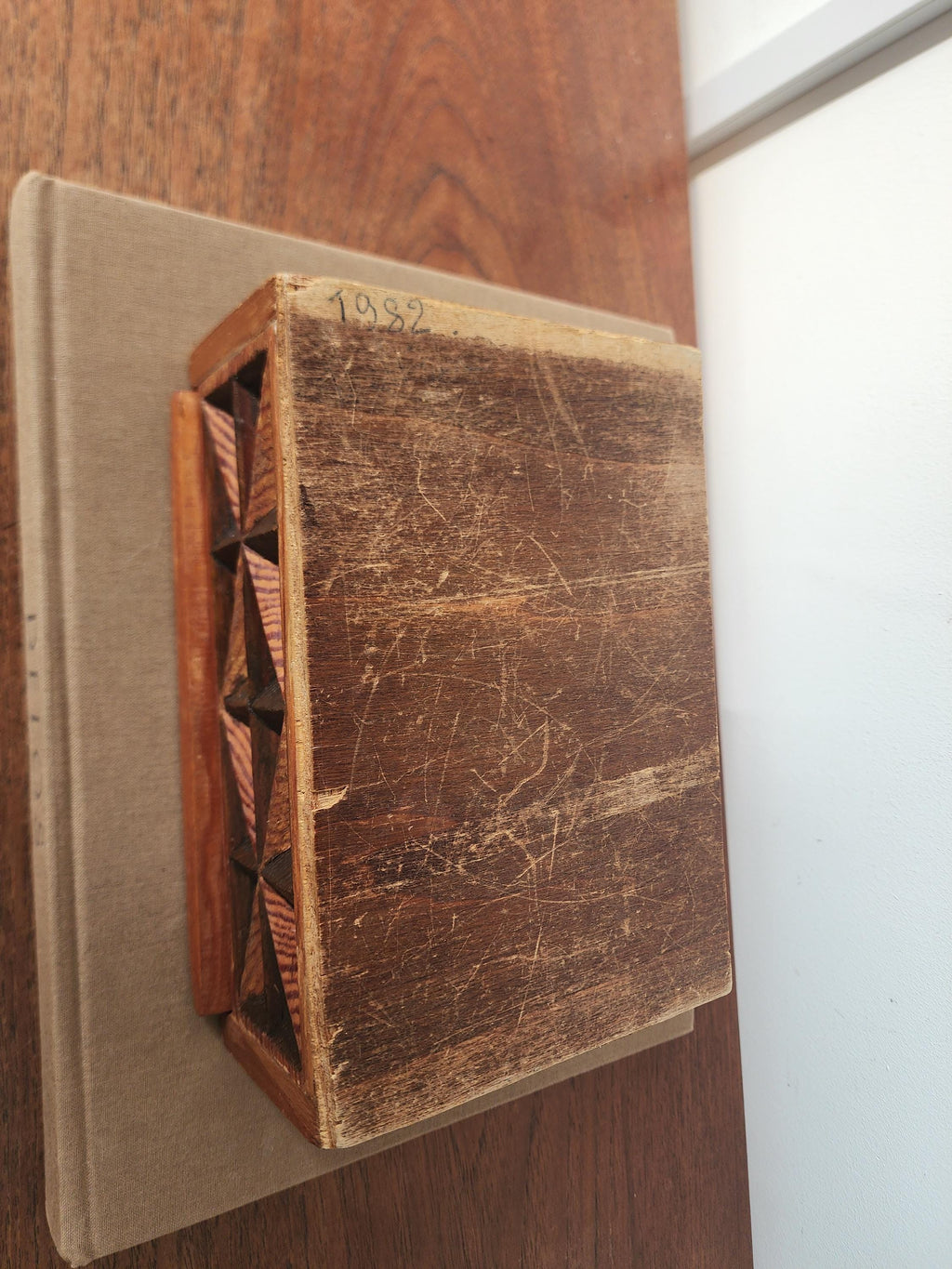Vintage Hand Carved Geometric Wood Box, Mid Century Wooden Trinket Box, Folk Art Jewelry Box, Carved Wood Keepsake Box, Decorative Desk Box