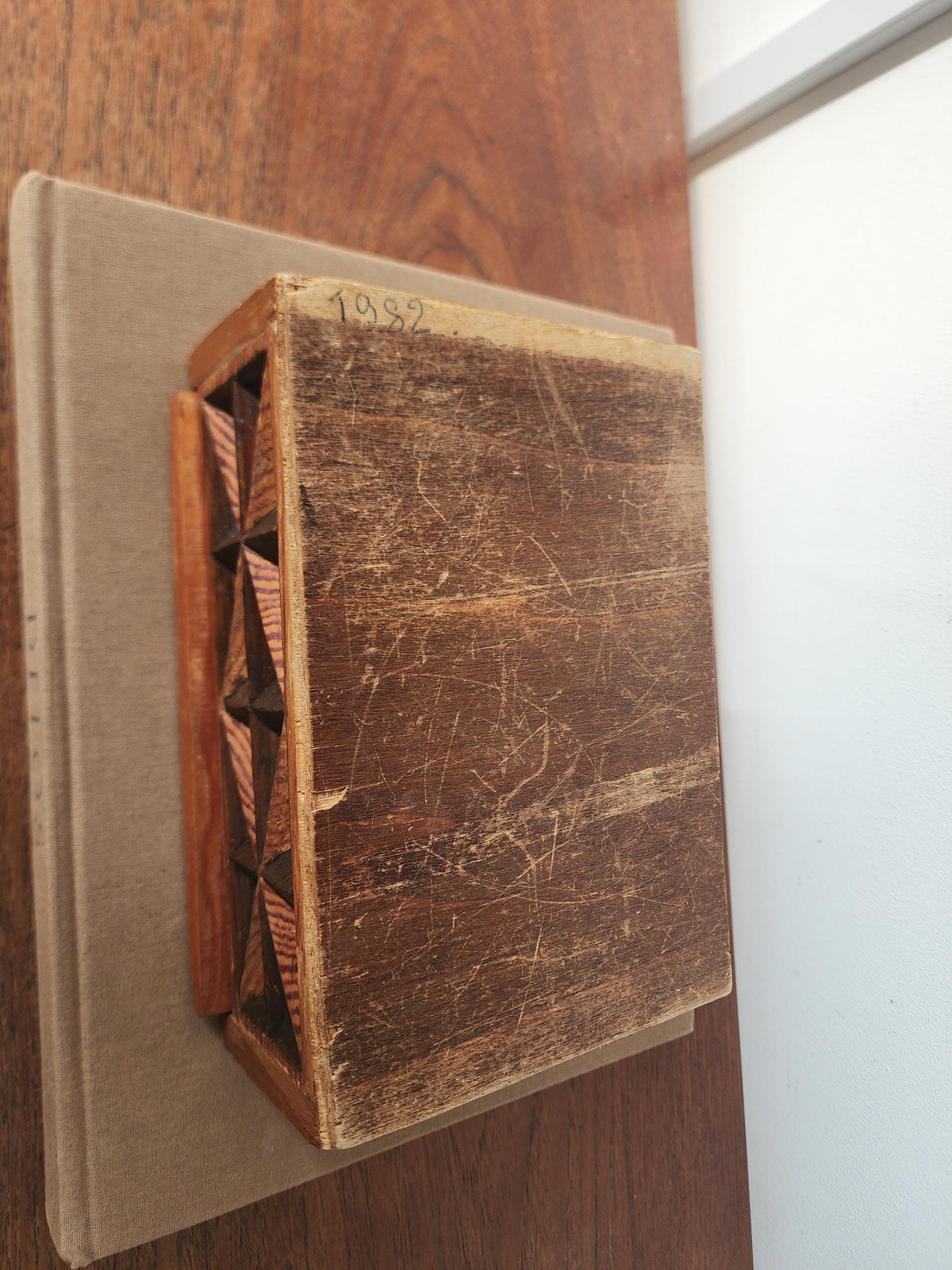 Vintage Hand Carved Geometric Wood Box, Mid Century Wooden Trinket Box, Folk Art Jewelry Box, Carved Wood Keepsake Box, Decorative Desk Box