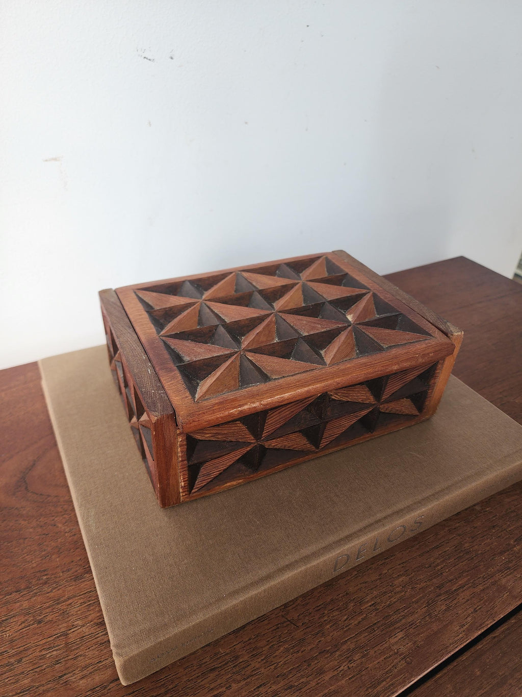 Vintage Hand Carved Geometric Wood Box, Mid Century Wooden Trinket Box, Folk Art Jewelry Box, Carved Wood Keepsake Box, Decorative Desk Box