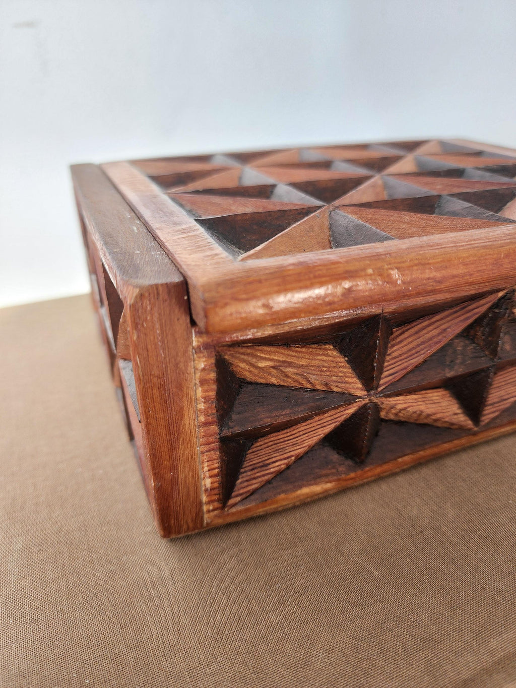 Vintage Hand Carved Geometric Wood Box, Mid Century Wooden Trinket Box, Folk Art Jewelry Box, Carved Wood Keepsake Box, Decorative Desk Box