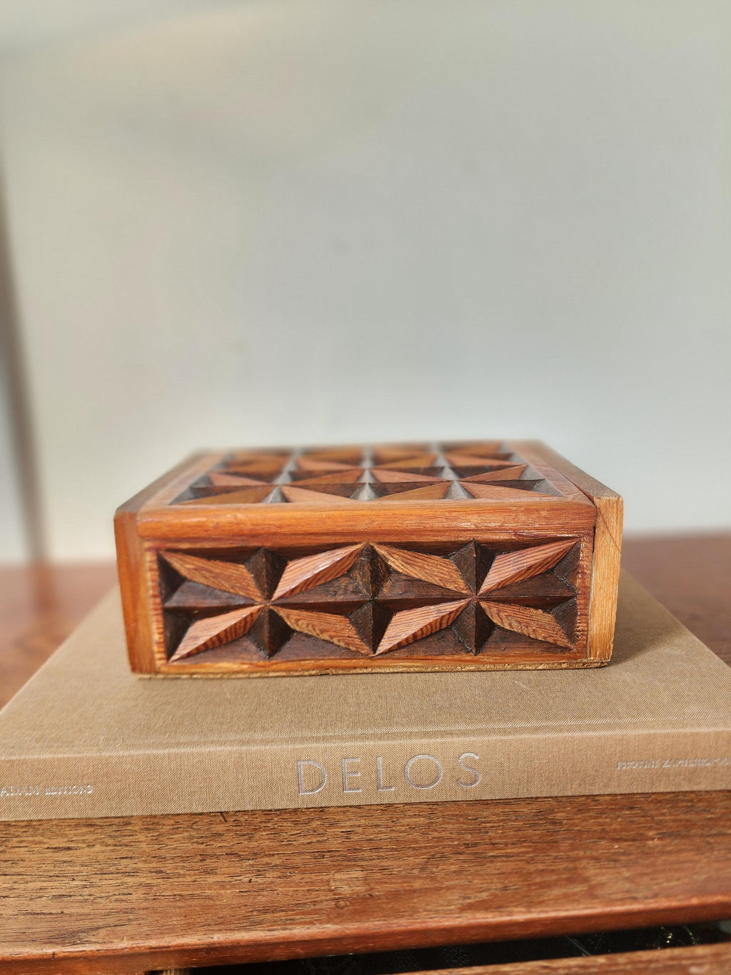 Vintage Hand Carved Geometric Wood Box, Mid Century Wooden Trinket Box, Folk Art Jewelry Box, Carved Wood Keepsake Box, Decorative Desk Box