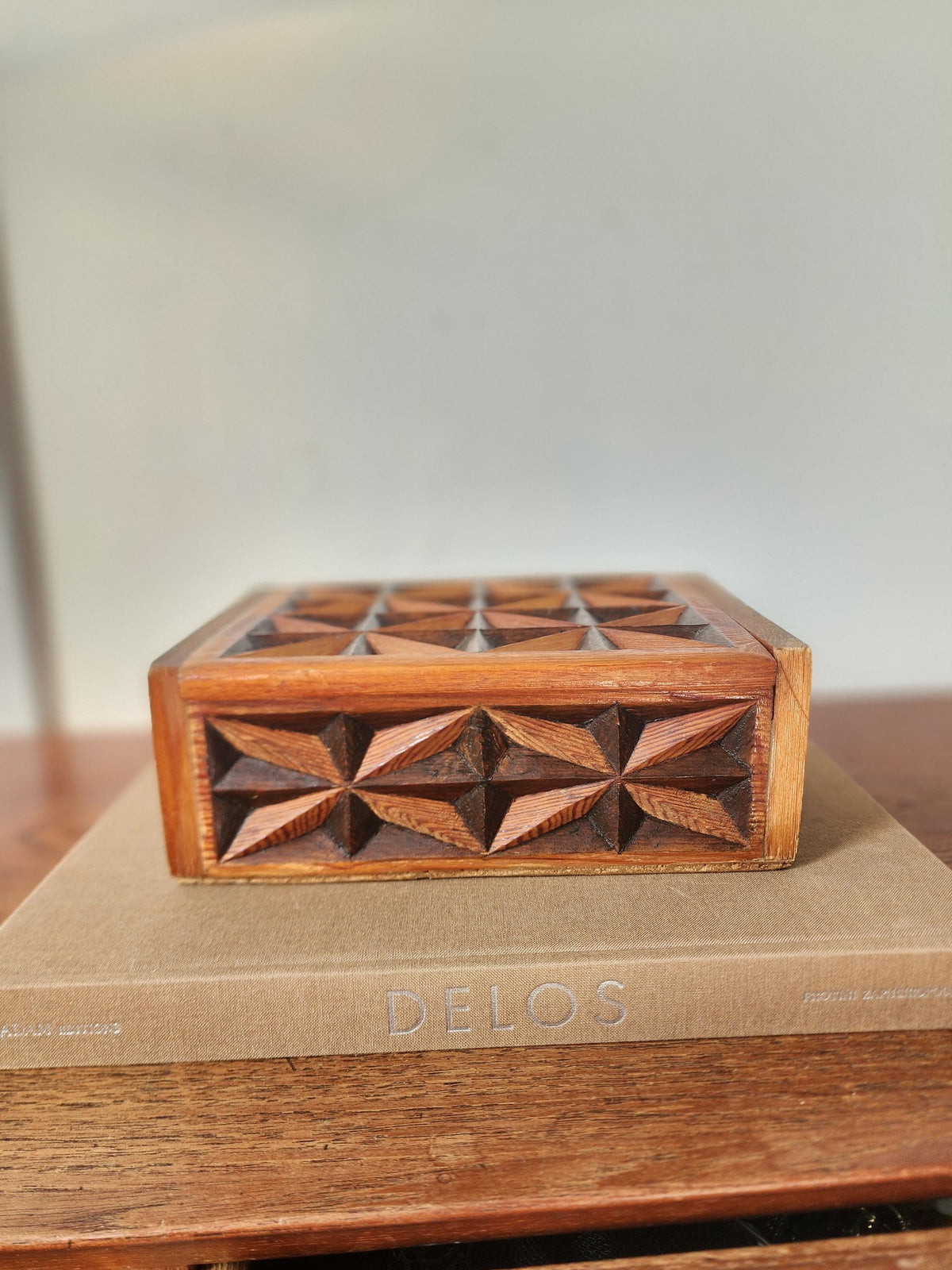 Vintage Hand Carved Geometric Wood Box, Mid Century Wooden Trinket Box, Folk Art Jewelry Box, Carved Wood Keepsake Box, Decorative Desk Box