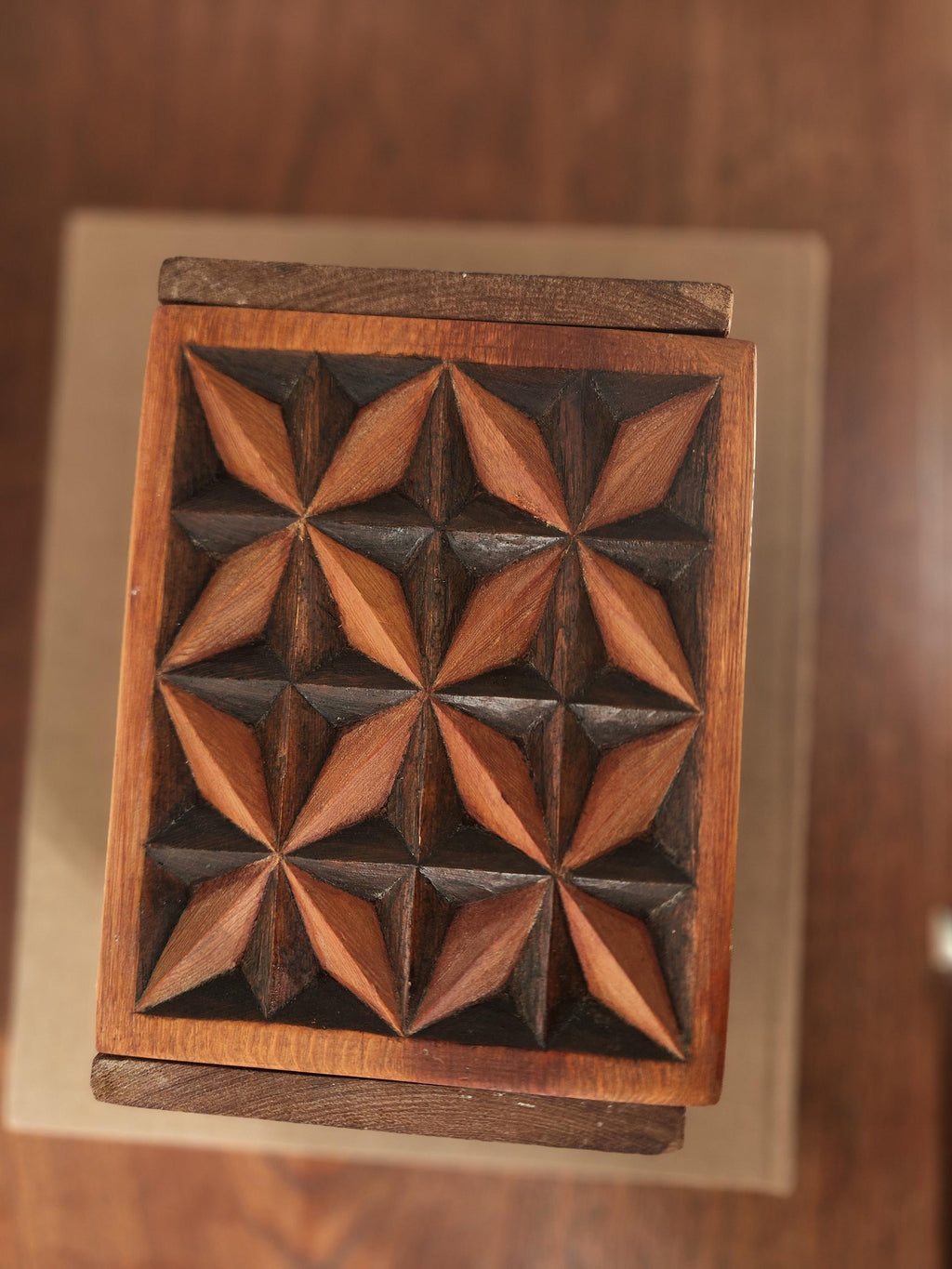Vintage Hand Carved Geometric Wood Box, Mid Century Wooden Trinket Box, Folk Art Jewelry Box, Carved Wood Keepsake Box, Decorative Desk Box