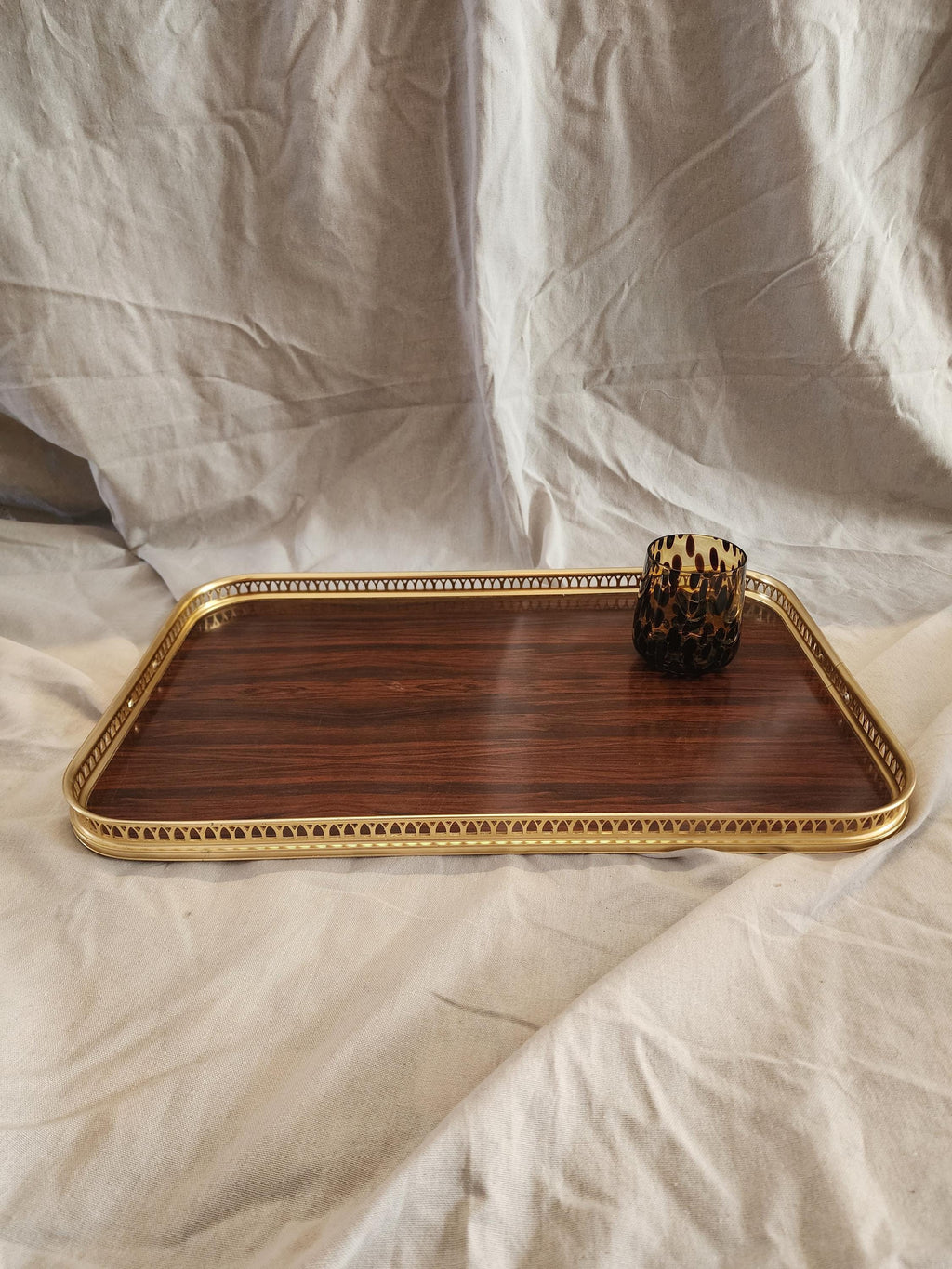 Vintage Gold Gallery Tray, Hollywood Regency Serving Tray, Faux Wood Brass Vanity Tray, Bar Cart Coffee Table Decor