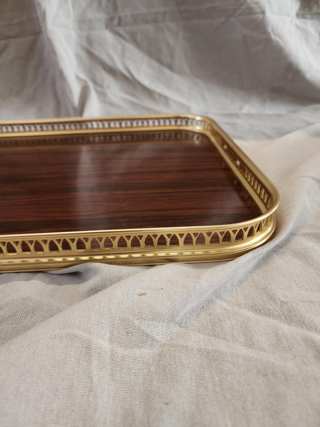 Vintage Gold Gallery Tray, Hollywood Regency Serving Tray, Faux Wood Brass Vanity Tray, Bar Cart Coffee Table Decor