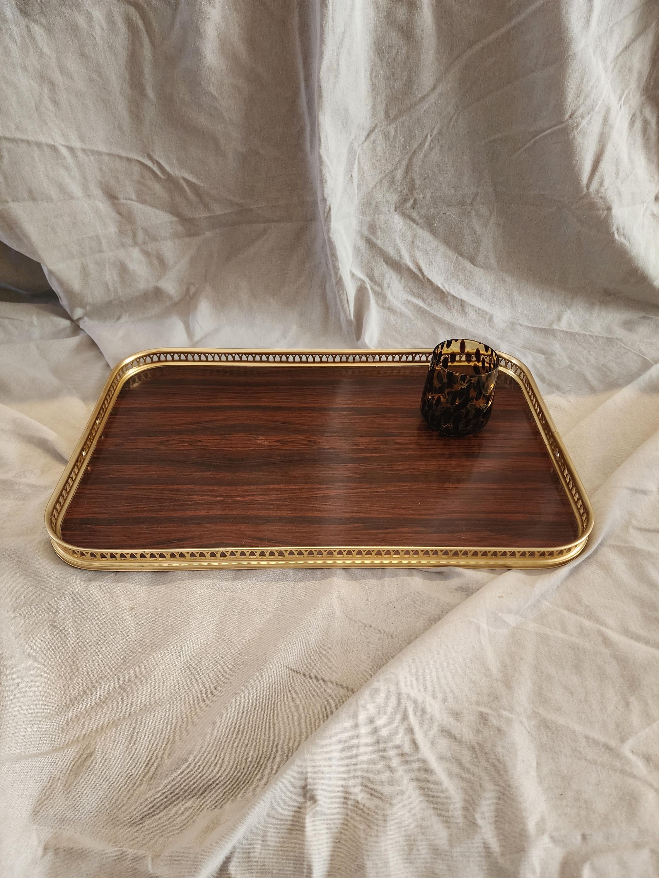 Vintage Gold Gallery Tray, Hollywood Regency Serving Tray, Faux Wood Brass Vanity Tray, Bar Cart Coffee Table Decor