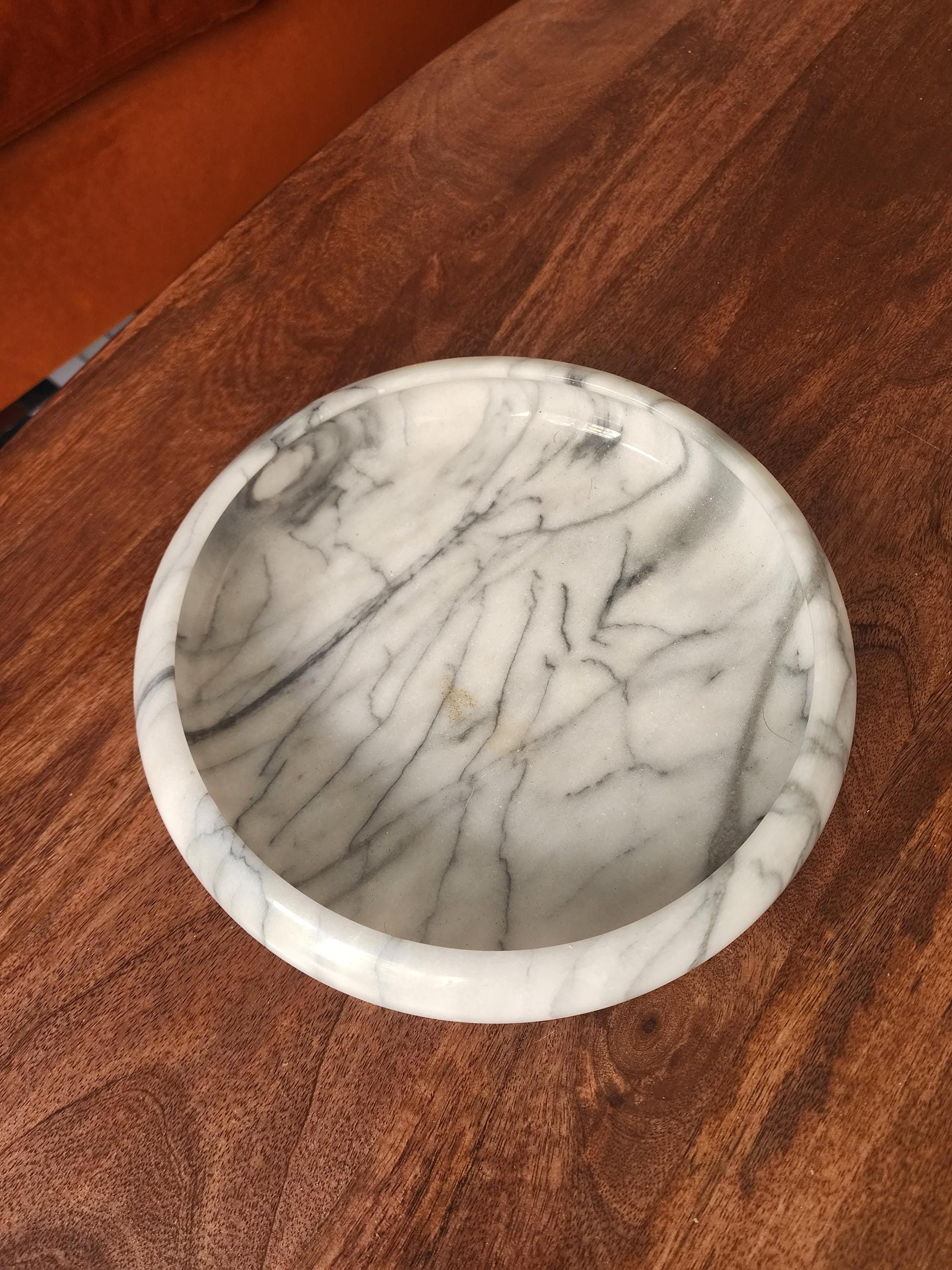 Vintage Marble Bowl, White and Gray Stone Catchall Dish, Heavy Round Marble Centerpiece, Minimalist Coffee Table Decor