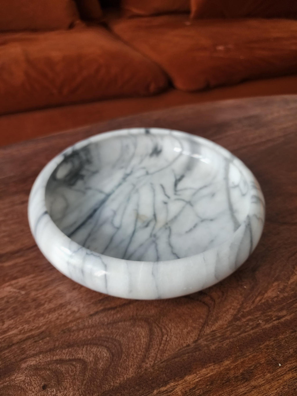 Vintage Marble Bowl, White and Gray Stone Catchall Dish, Heavy Round Marble Centerpiece, Minimalist Coffee Table Decor