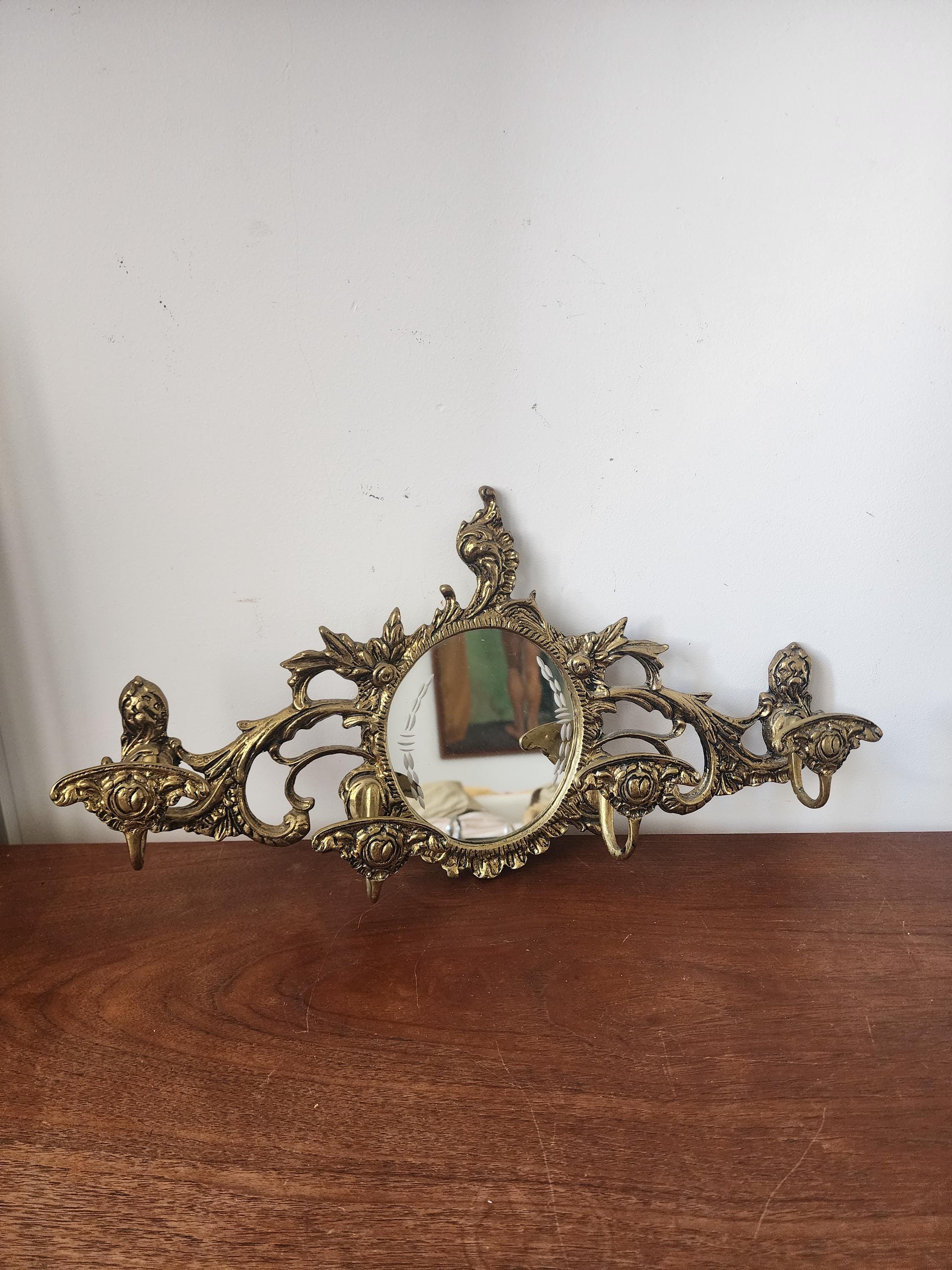 Vintage Ornate Wall Mirror with Hooks, Baroque Style Gold Wall Mirror Rack, Decorative Coat Key Holder Mirror, Hollywood Regency Wall Decor