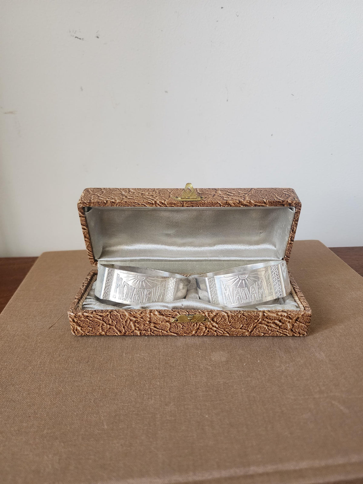 Vintage Monsieur Madame Napkin Rings with Box, French Silver Tone Napkin Holders Set, Romantic Table Setting, Wedding Table Decor