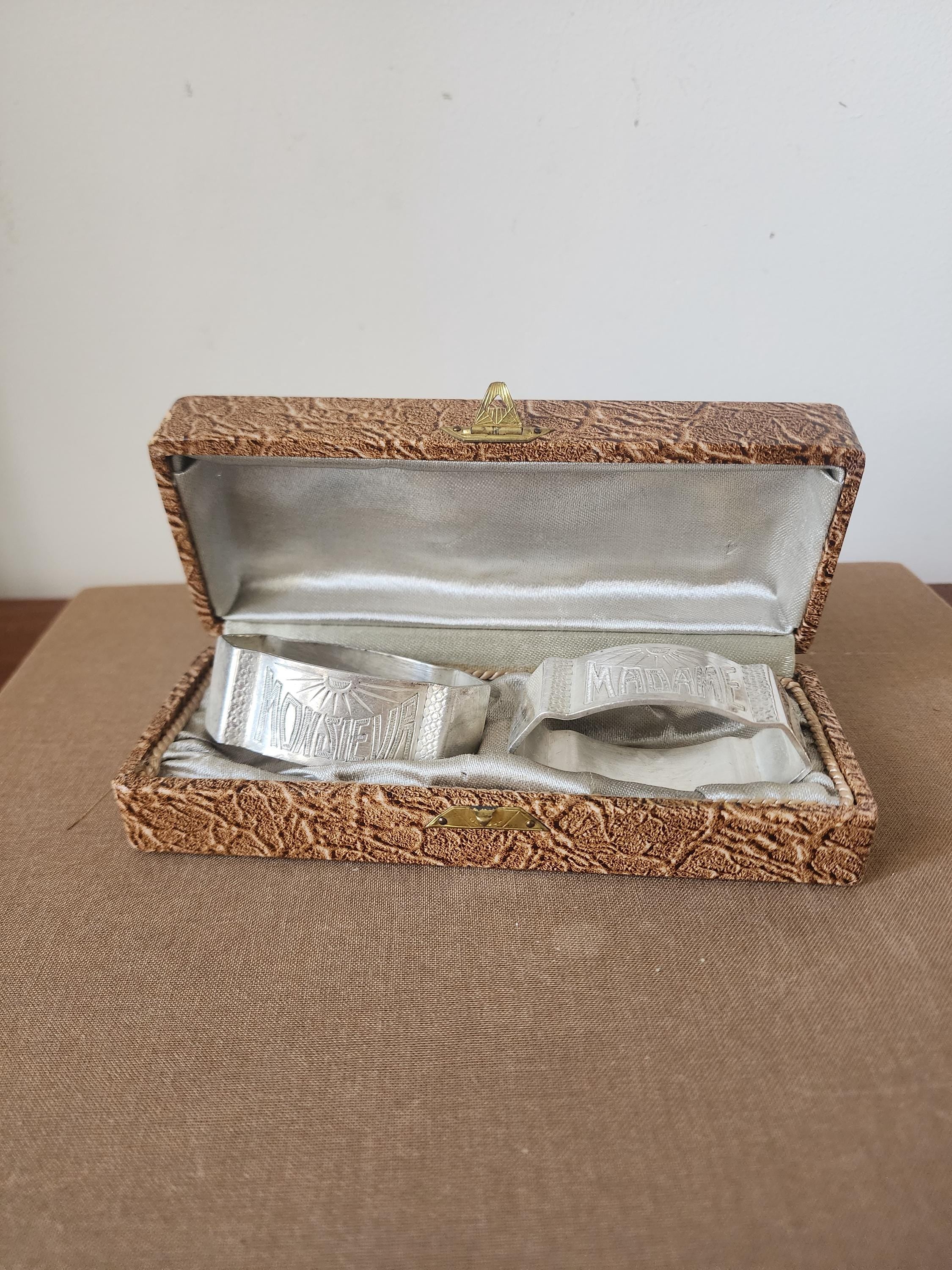 Vintage Monsieur Madame Napkin Rings with Box, French Silver Tone Napkin Holders Set, Romantic Table Setting, Wedding Table Decor