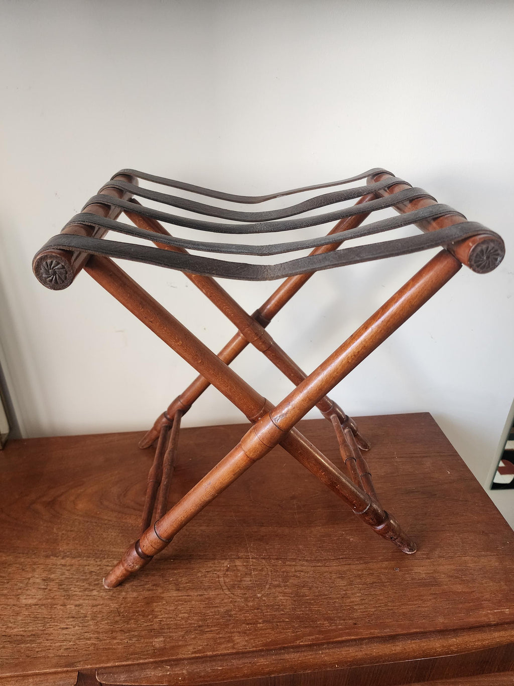 Vintage Folding Campaign Stool, Wood and Leather Strap Folding Chair, Portable Travel Stool, Rustic Wooden Folding Seat