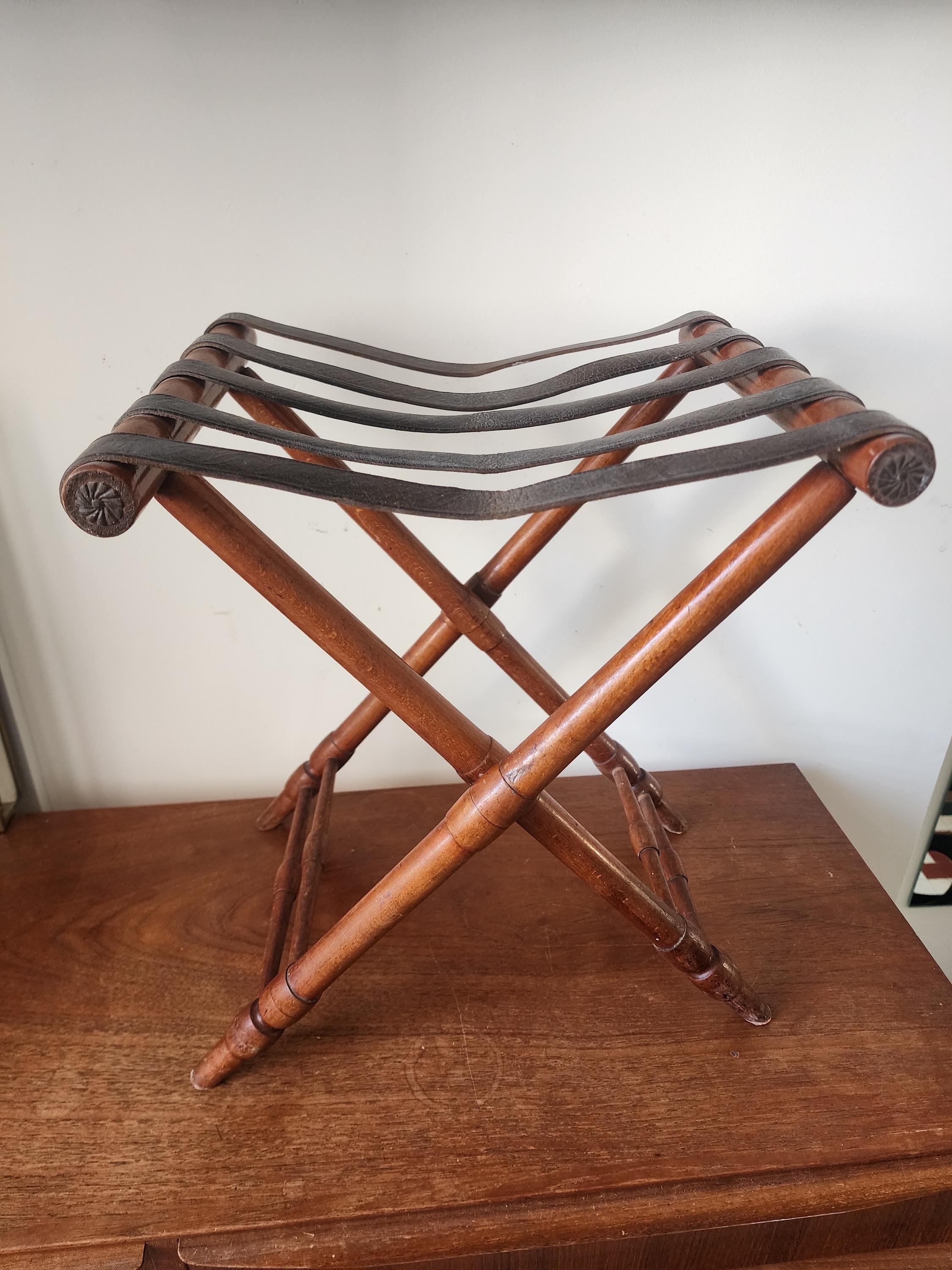 Vintage Folding Campaign Stool, Wood and Leather Strap Folding Chair, Portable Travel Stool, Rustic Wooden Folding Seat