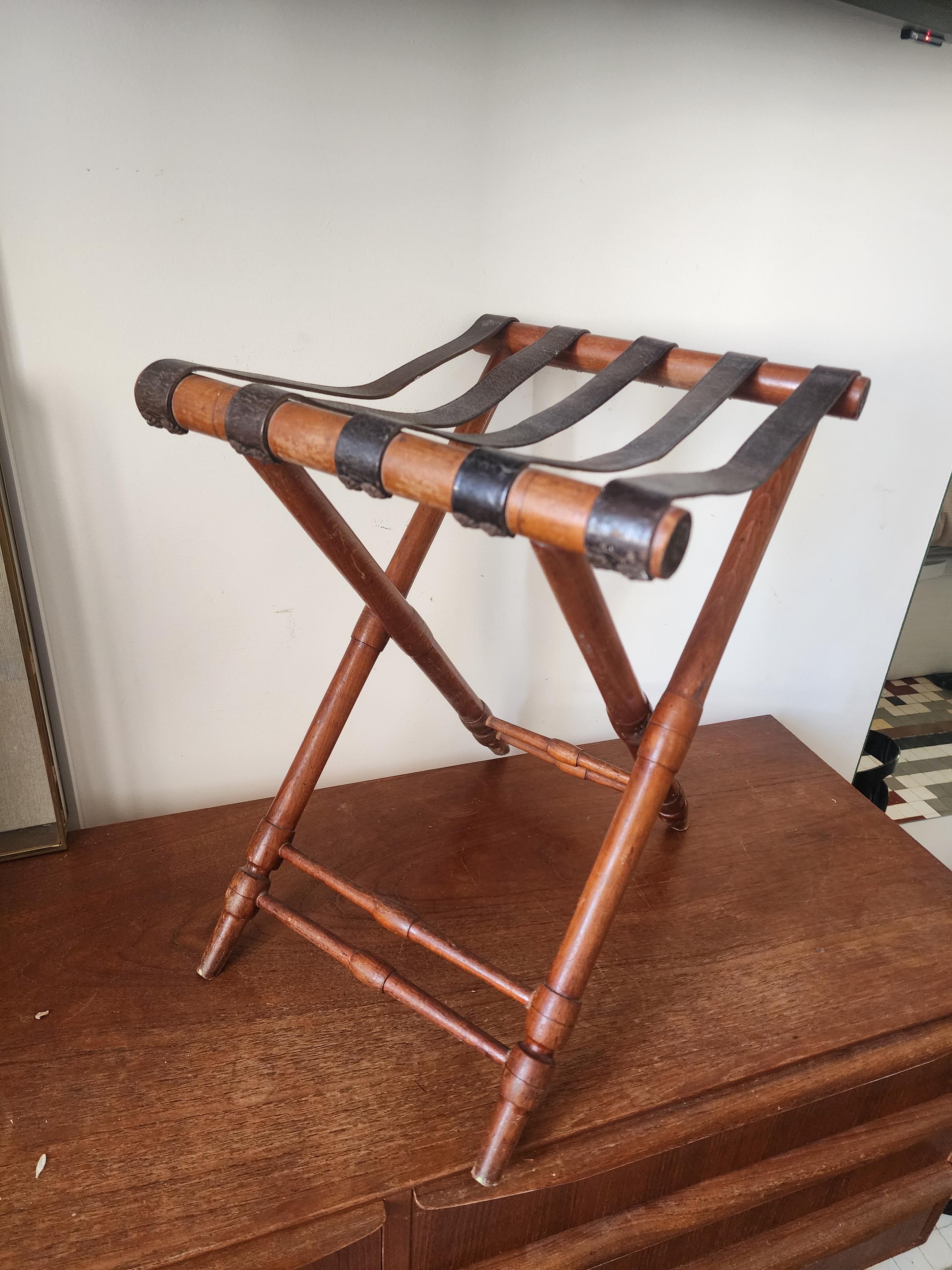 Vintage Folding Campaign Stool, Wood and Leather Strap Folding Chair, Portable Travel Stool, Rustic Wooden Folding Seat