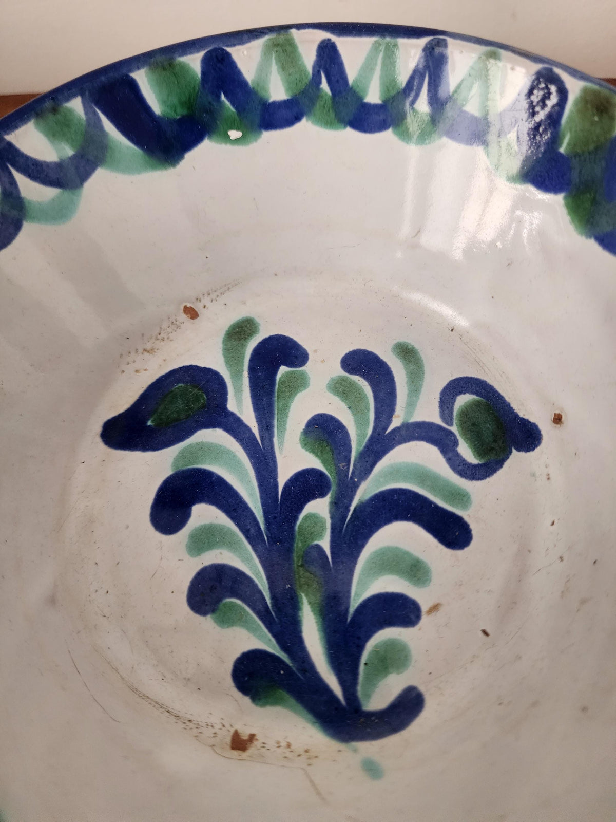 Pair Vintage Spanish Hand Painted Ceramic Bowls, Blue Green Floral Pottery, Rustic Mediterranean Display Dishes
