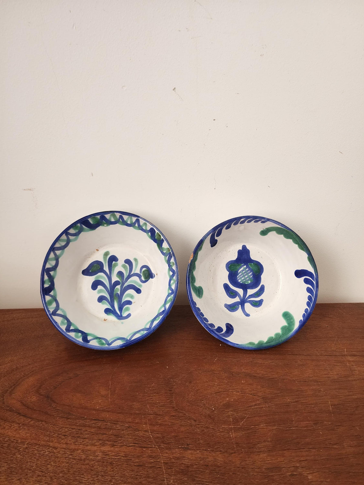 Pair Vintage Spanish Hand Painted Ceramic Bowls, Blue Green Floral Pottery, Rustic Mediterranean Display Dishes