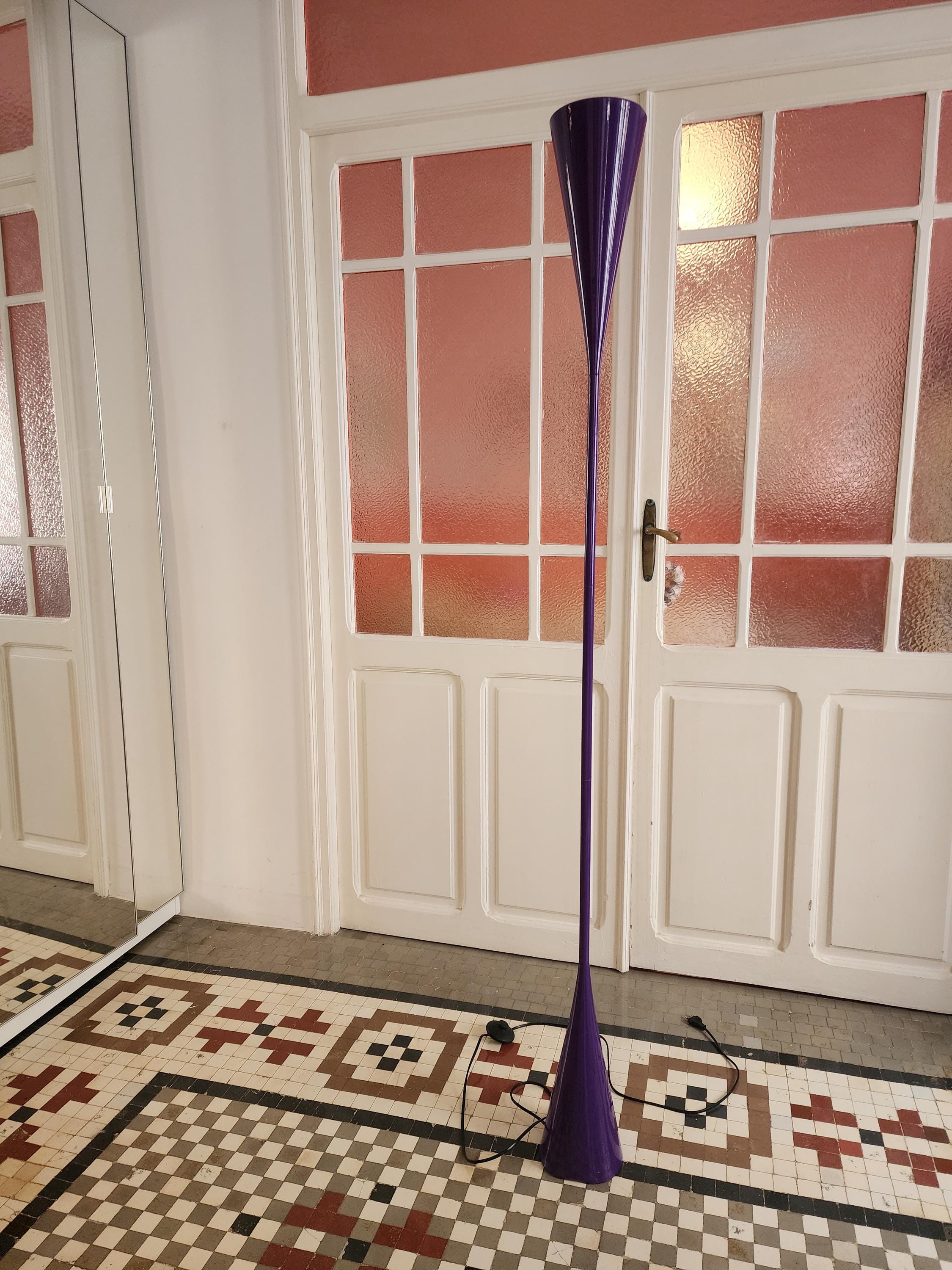 Mathias Purple Floor Lamp, Vintage Lacquered Metal Torchiere, 1970s Sculptural Cone Lamp, MCM Lighting