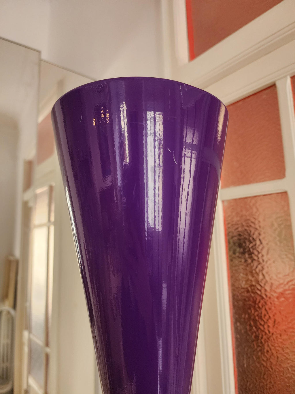 Mathias Purple Floor Lamp, Vintage Lacquered Metal Torchiere, 1970s Sculptural Cone Lamp, MCM Lighting
