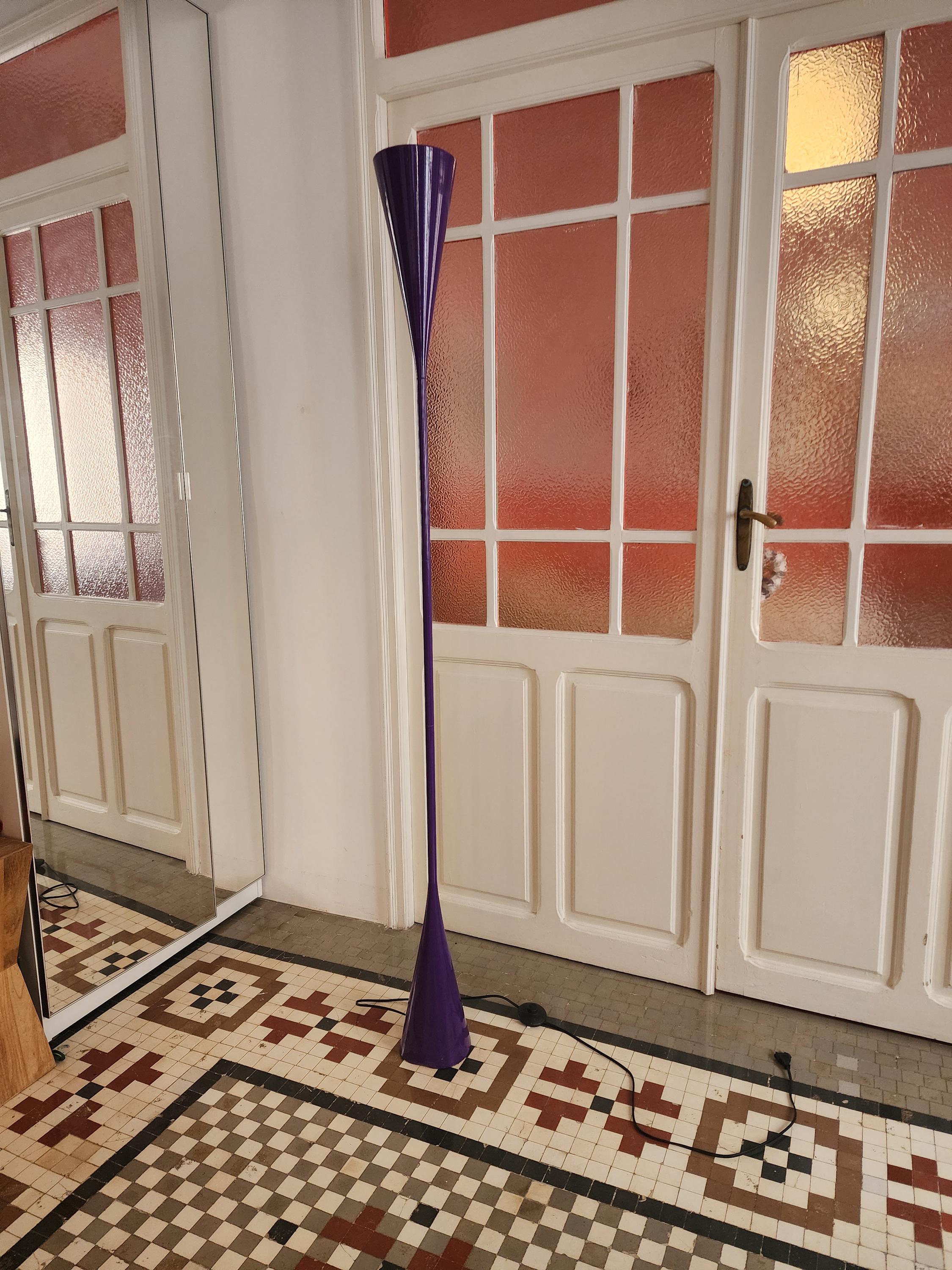 Mathias Purple Floor Lamp, Vintage Lacquered Metal Torchiere, 1970s Sculptural Cone Lamp, MCM Lighting