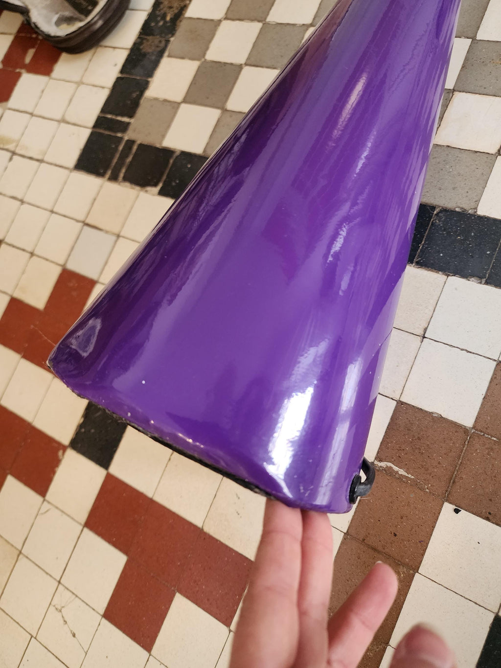 Mathias Purple Floor Lamp, Vintage Lacquered Metal Torchiere, 1970s Sculptural Cone Lamp, MCM Lighting